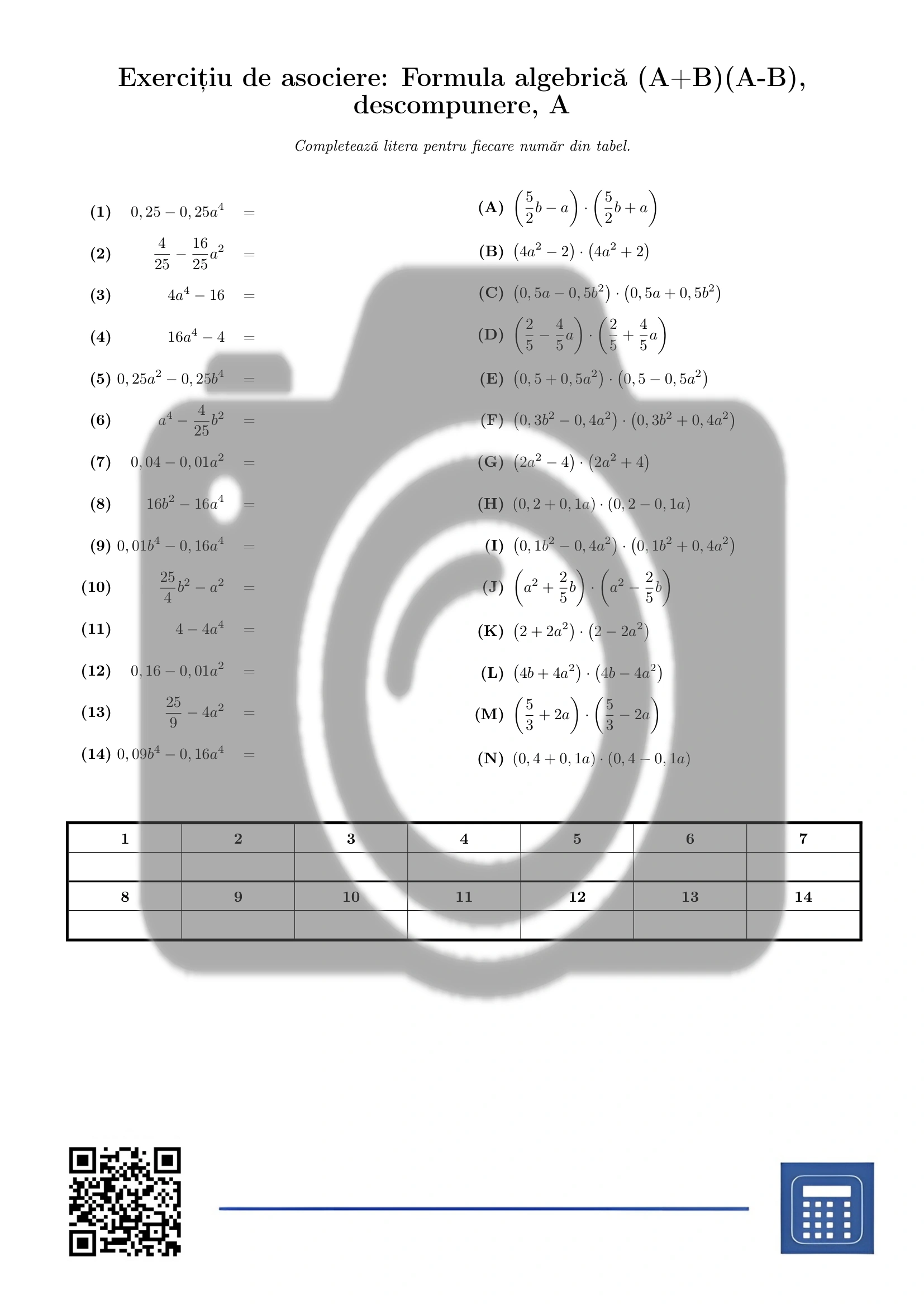 Exercițiu de asociere: Formula algebrică (A+B)(A-B), descompunere - imagine 2