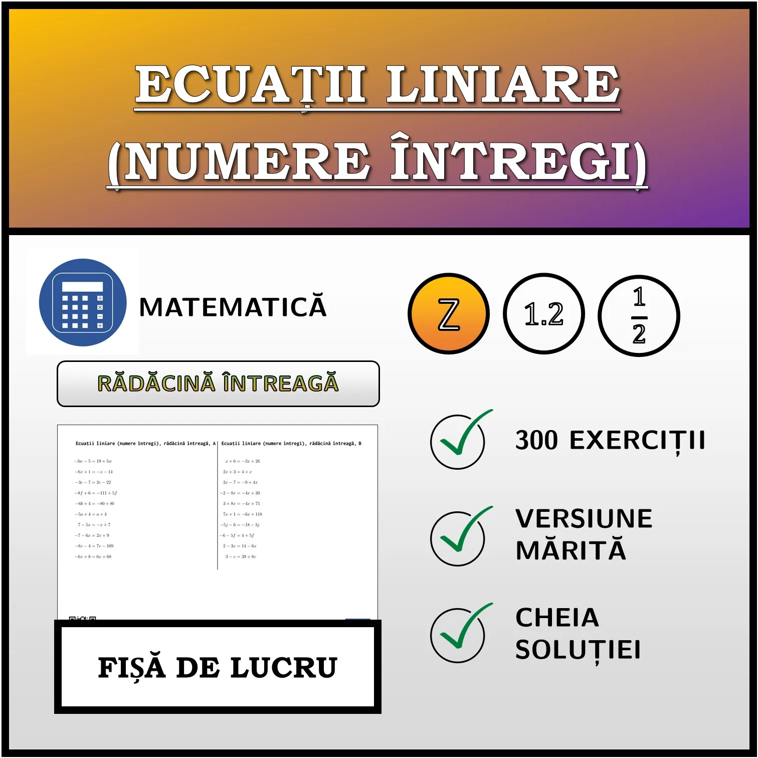 Fișă de lucru: Ecuații liniare (numere întregi), rădăcină întreagă