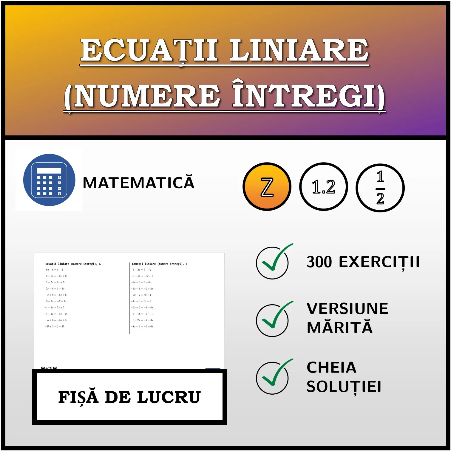 Fișă de lucru: Ecuații liniare (numere întregi)