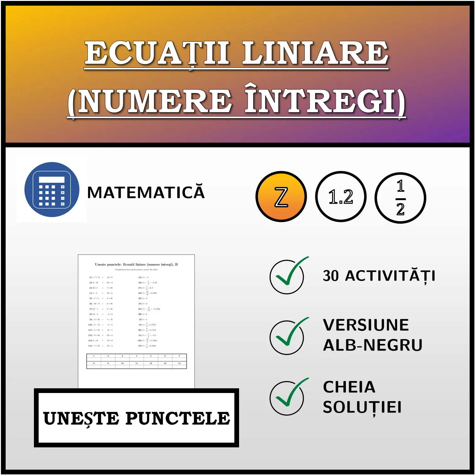 Exercițiu de asociere: Ecuații liniare (numere întregi)
