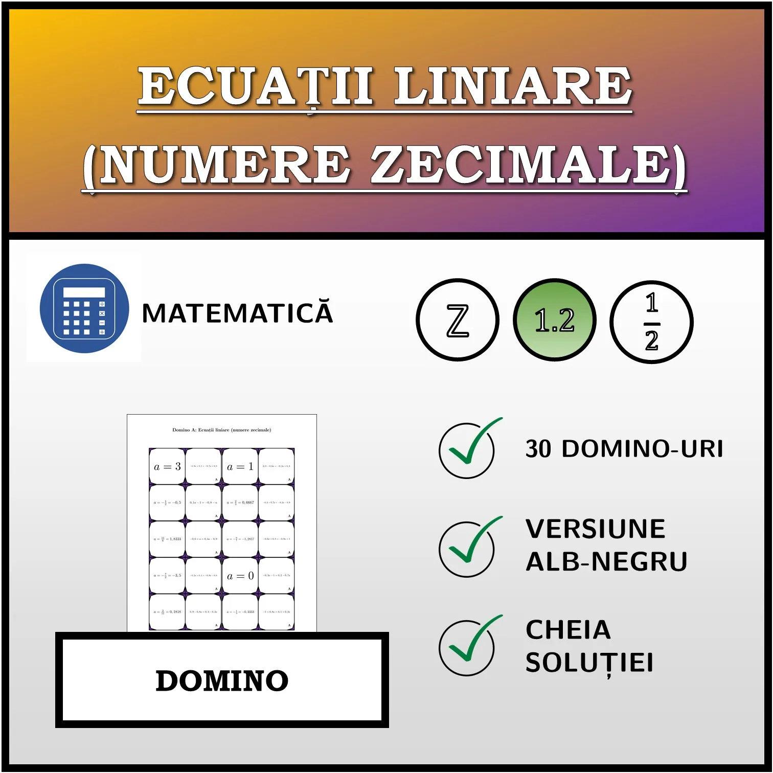 Domino: Ecuații liniare (numere zecimale)