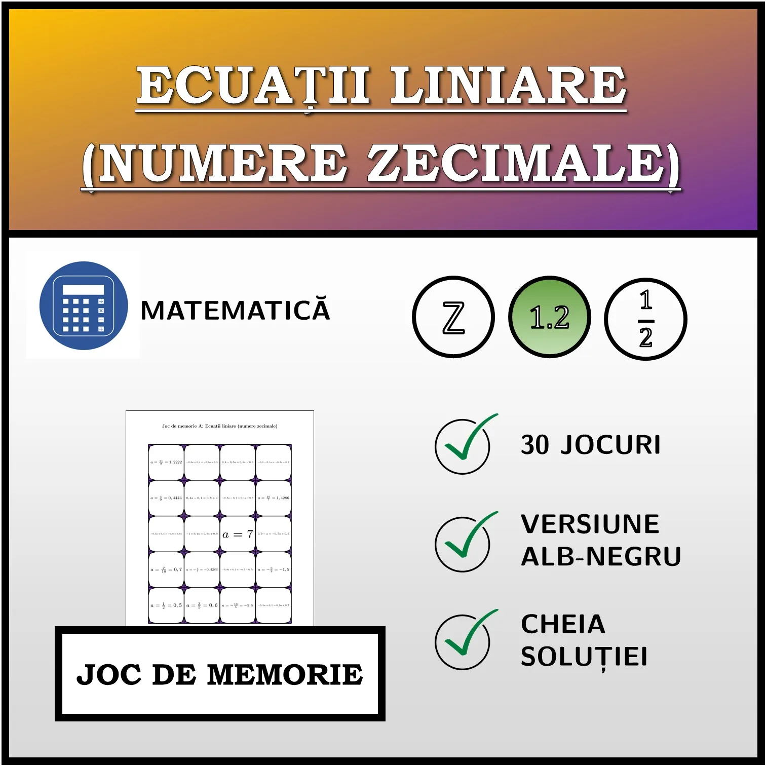 Joc de memorie: Ecuații liniare (numere zecimale)