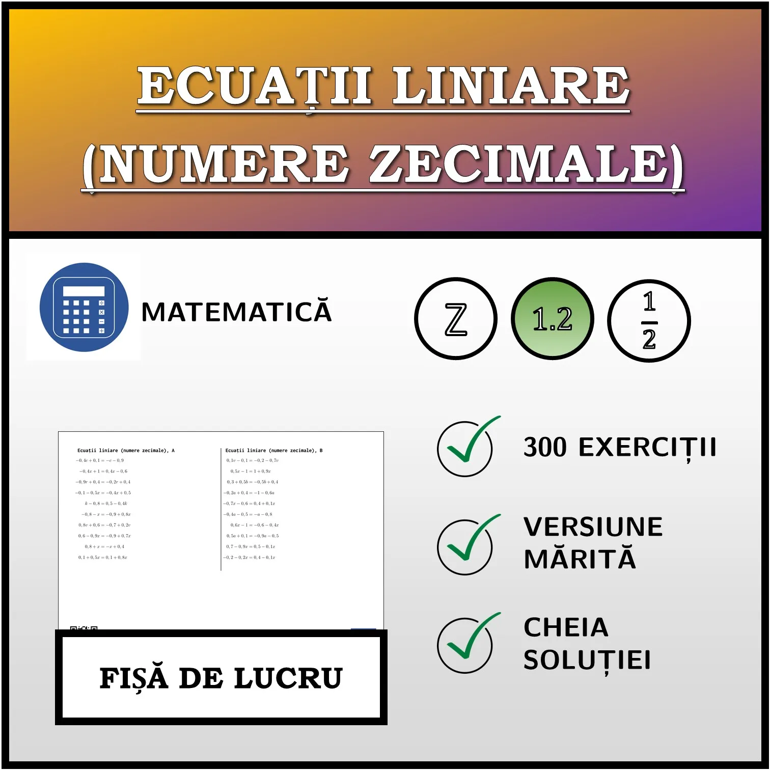 Fișă de lucru: Ecuații liniare (numere zecimale)