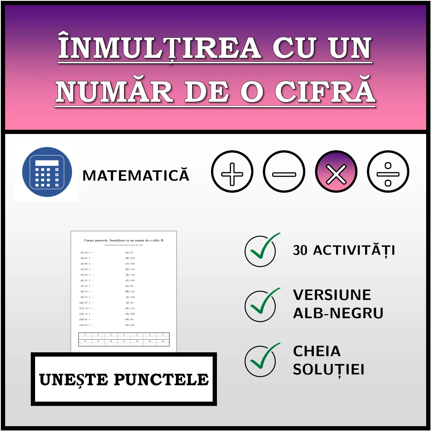 Exercițiu de asociere: Înmulțirea cu un număr de o cifră