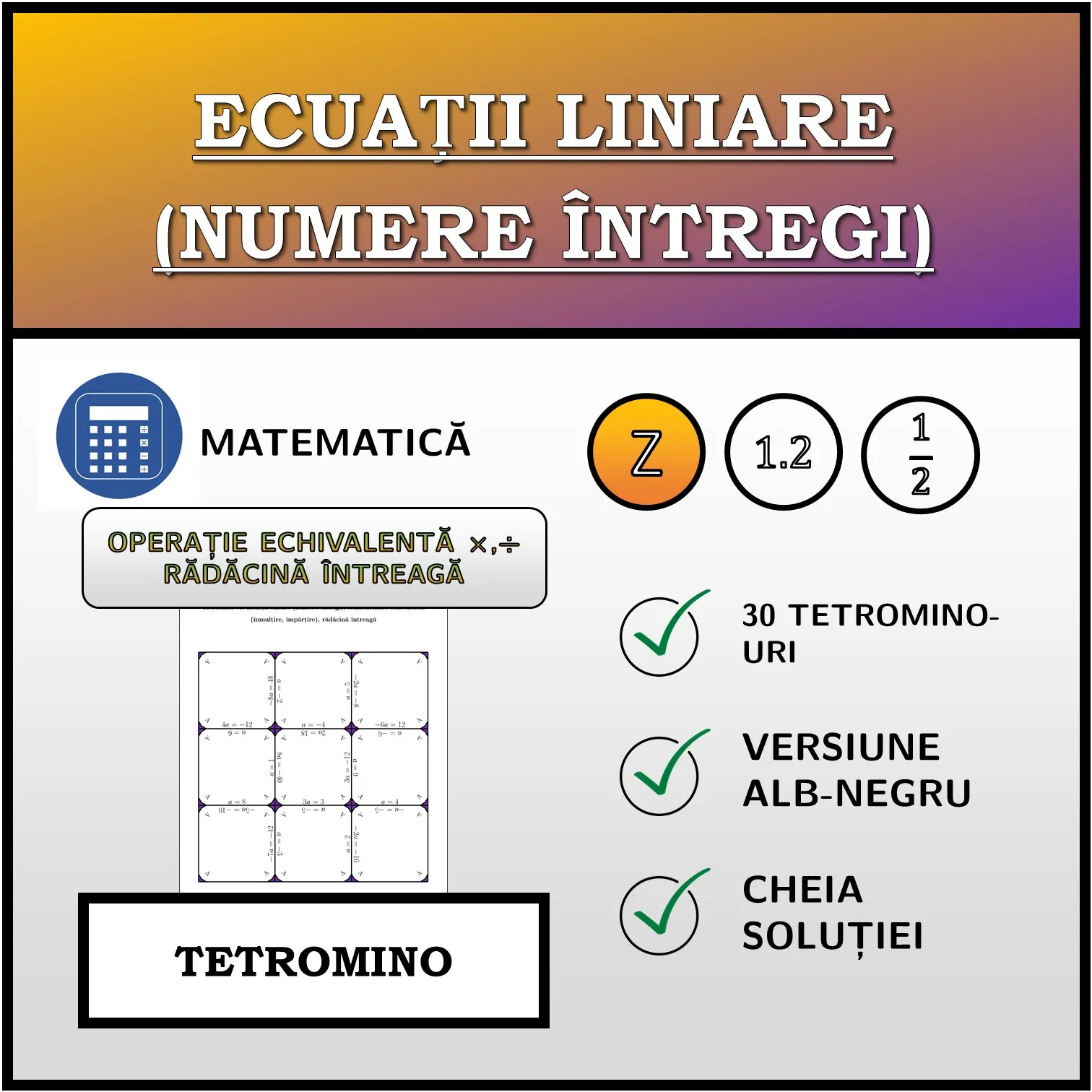 Tetromino: Ecuații liniare (numere întregi), transformare echivalentă (înmulțire, împărțire), rădăcină întreagă