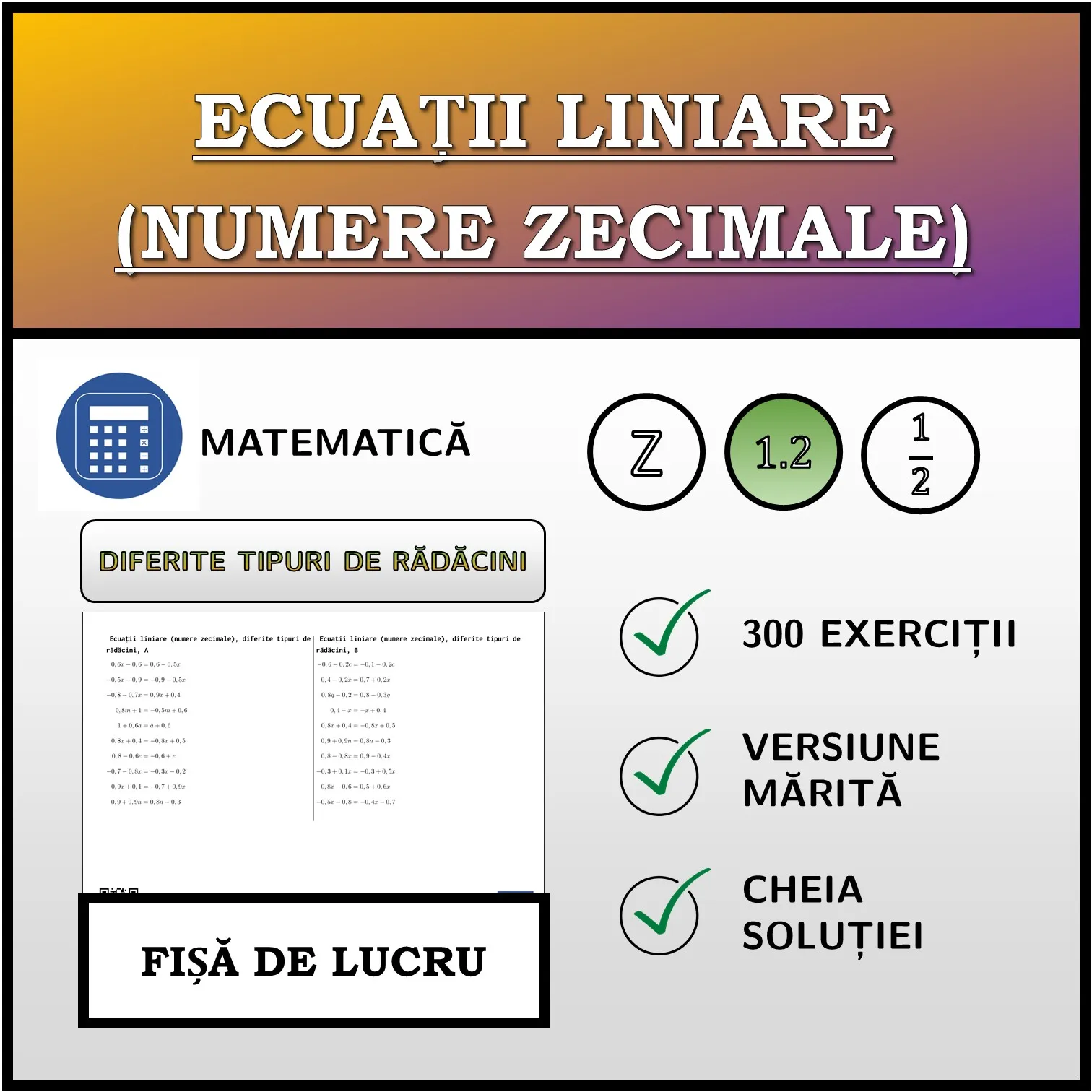 Fișă de lucru: Ecuații liniare (numere zecimale), diferite tipuri de rădăcini