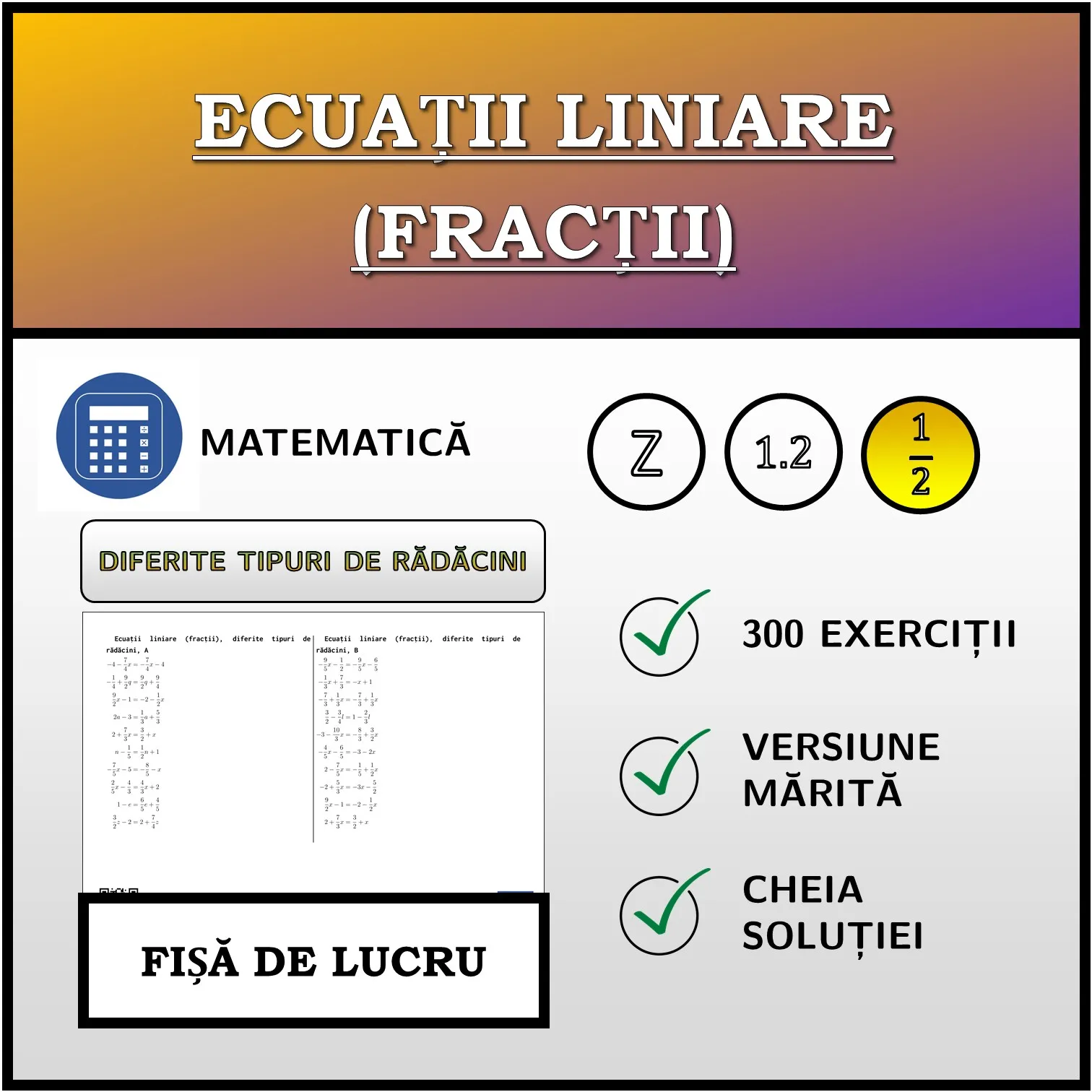 Fișă de lucru: Ecuații liniare (fracții), diferite tipuri de rădăcini