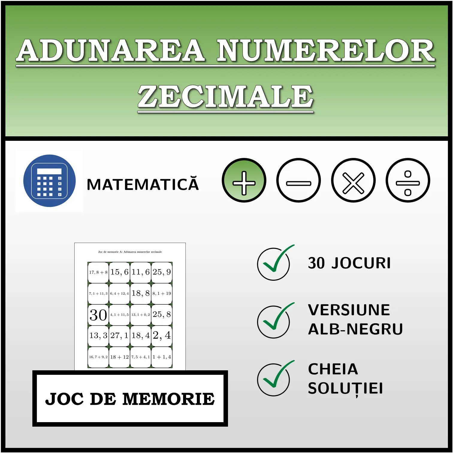 Joc de memorie: Adunarea numerelor zecimale