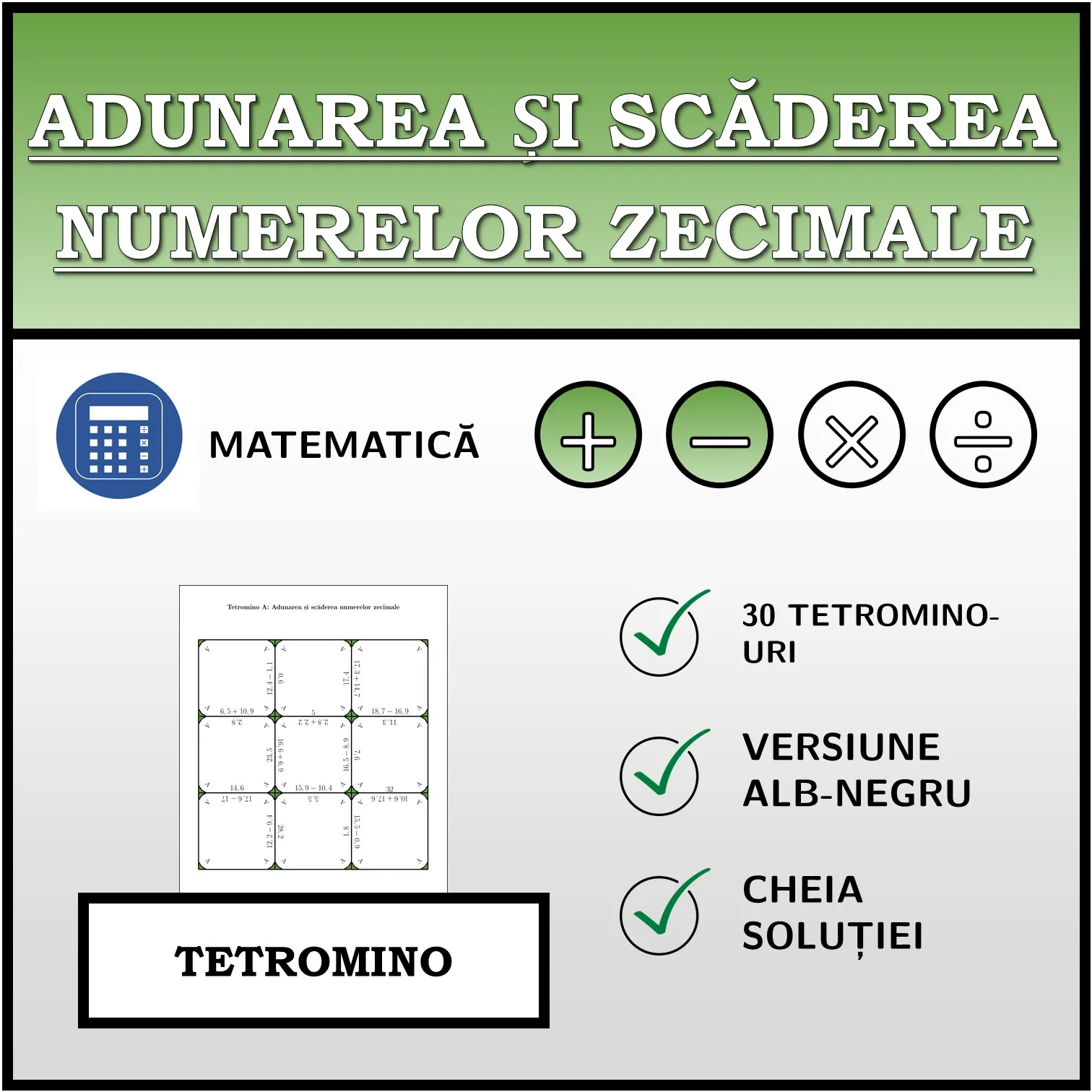 Tetromino: Adunarea și scăderea numerelor zecimale
