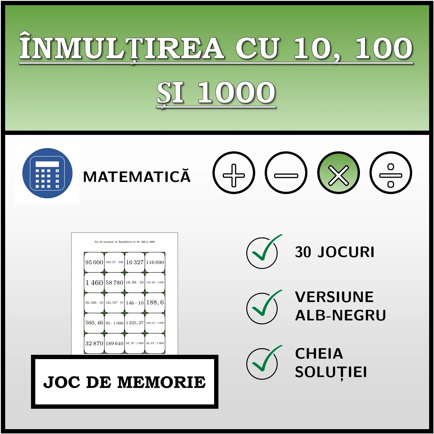 Joc de memorie: Înmulțirea cu 10, 100 și 1000