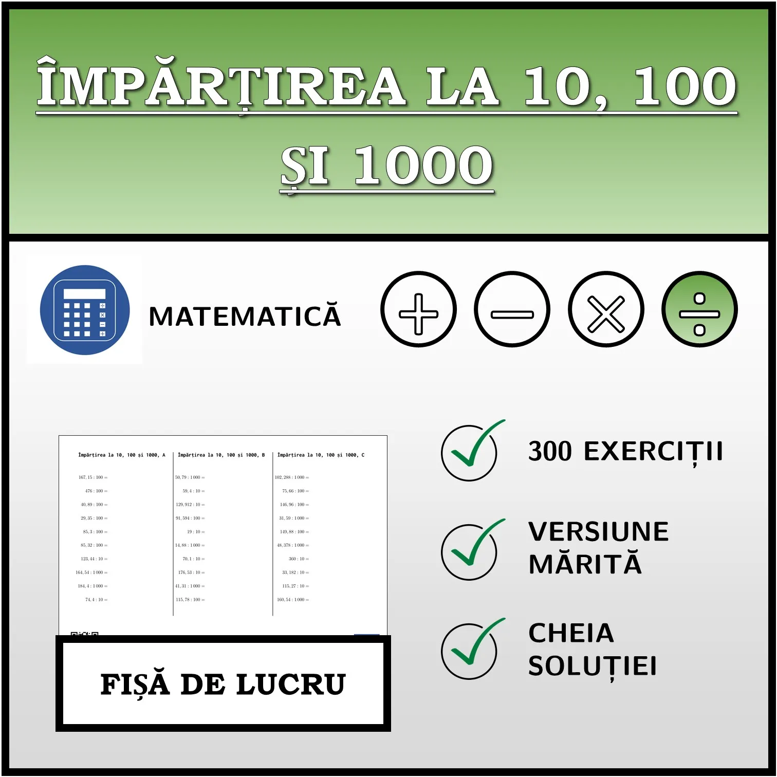 Fișă de lucru: Împărțirea la 10, 100 și 1000
