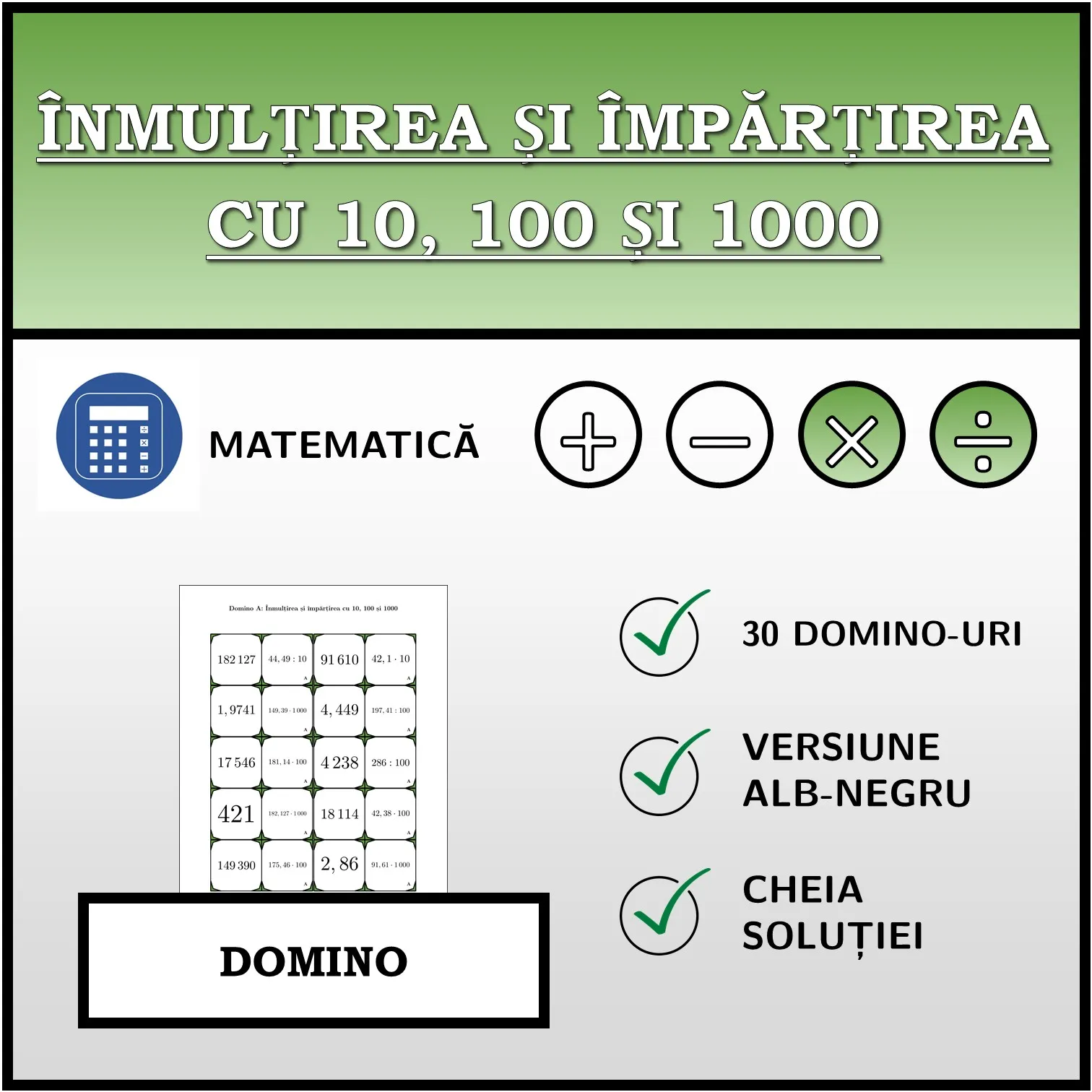 Domino: Înmulțirea și împărțirea cu 10, 100 și 1000