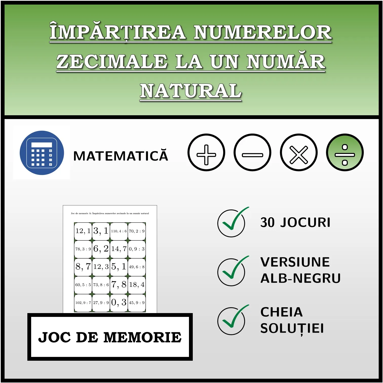 Joc de memorie: Împărțirea numerelor zecimale la un număr natural