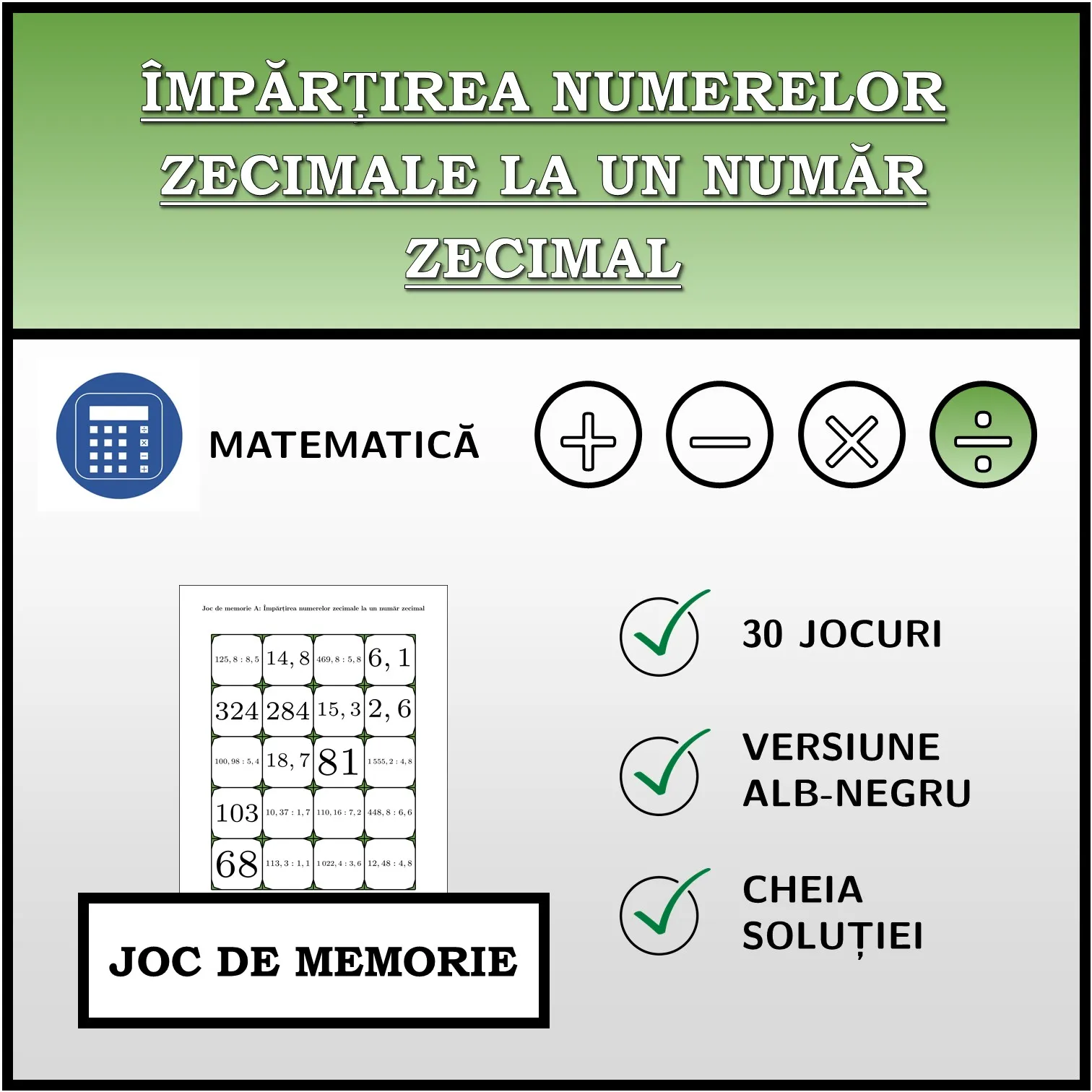 Joc de memorie: Împărțirea numerelor zecimale la un număr zecimal