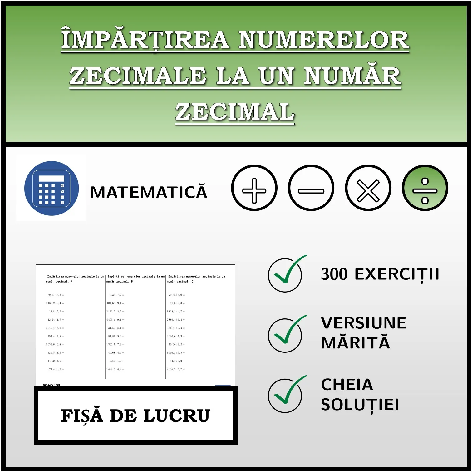 Fișă de lucru: Împărțirea numerelor zecimale la un număr zecimal