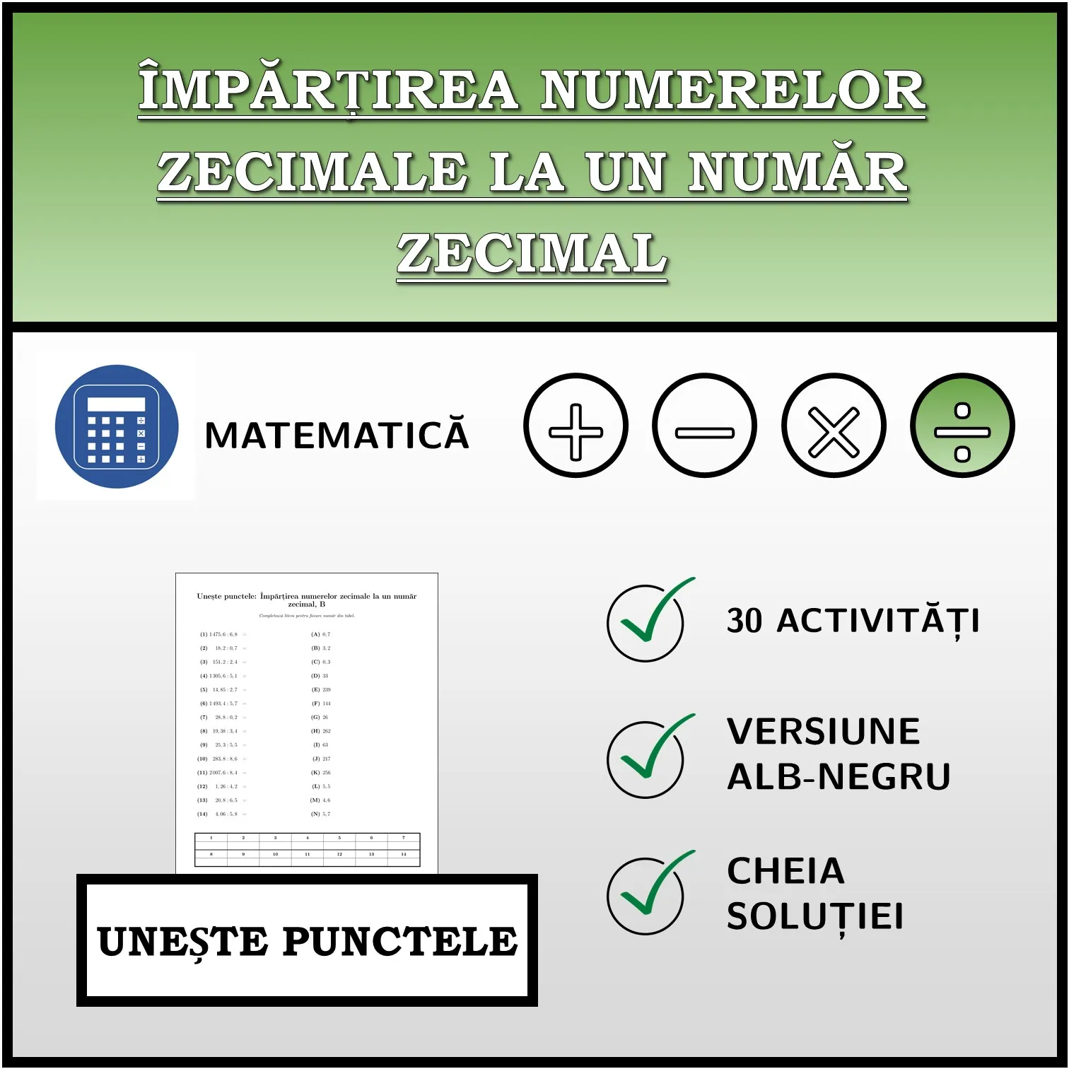 Exercițiu de asociere: Împărțirea numerelor zecimale la un număr zecimal