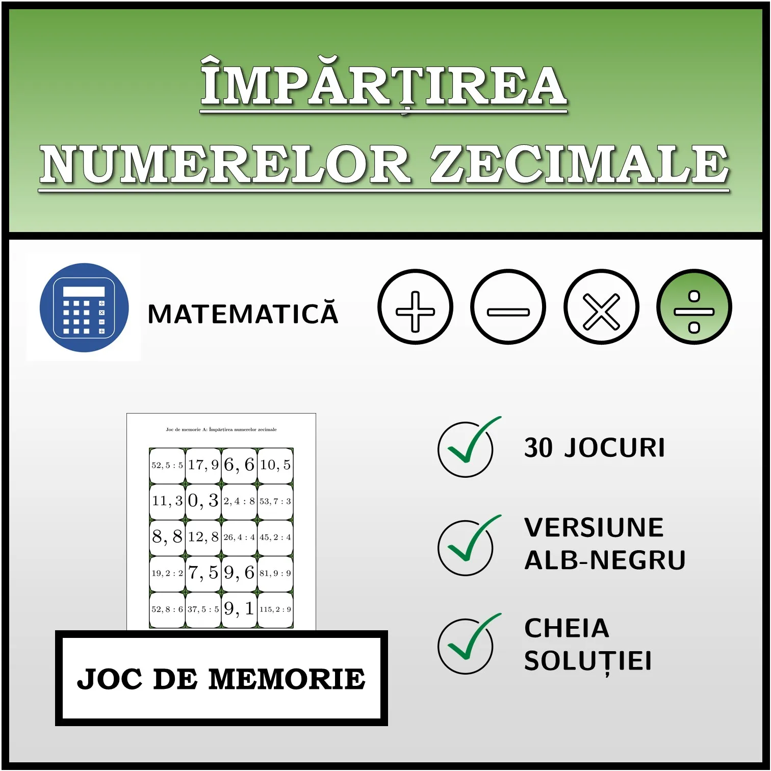Joc de memorie: Împărțirea numerelor zecimale