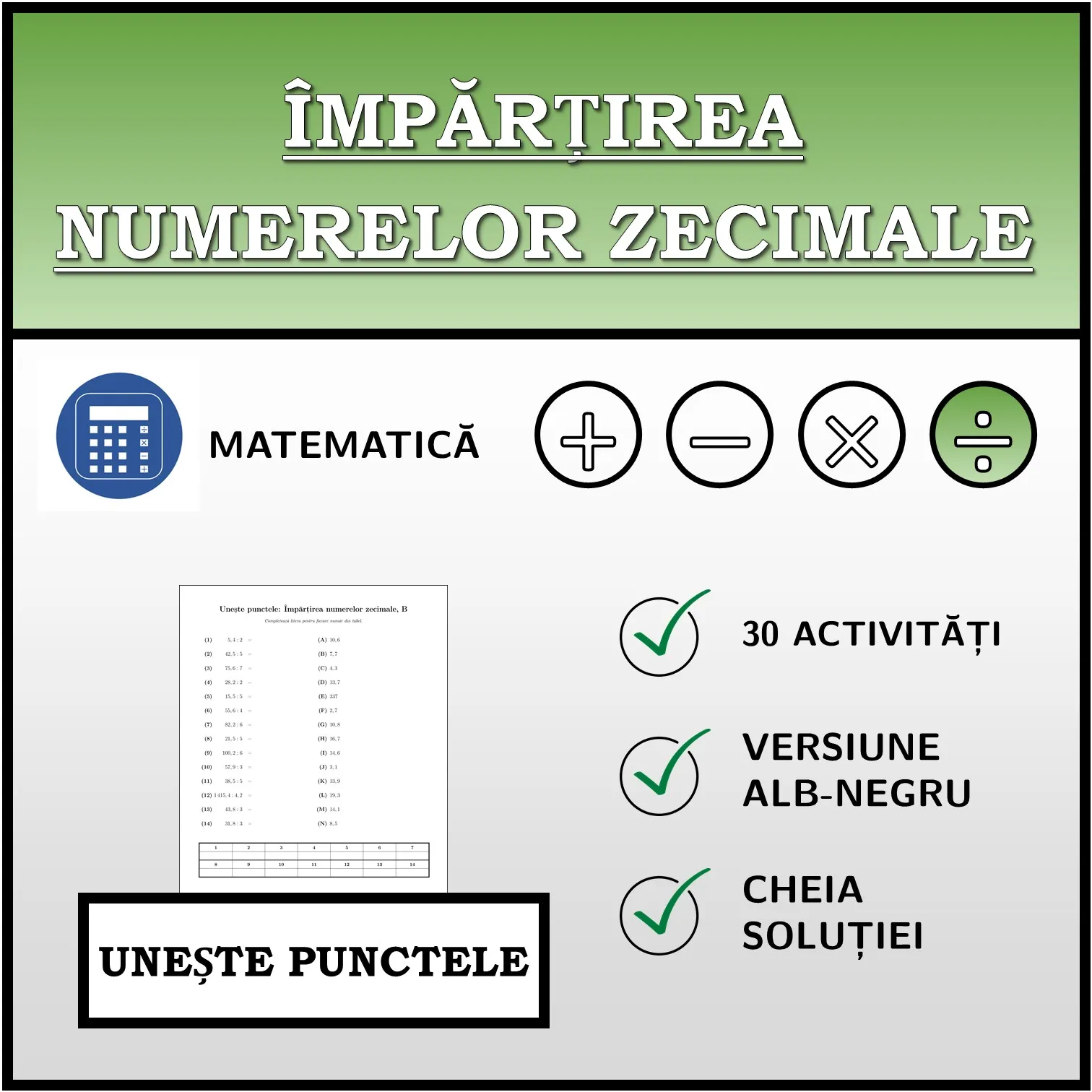 Exercițiu de asociere: Împărțirea numerelor zecimale