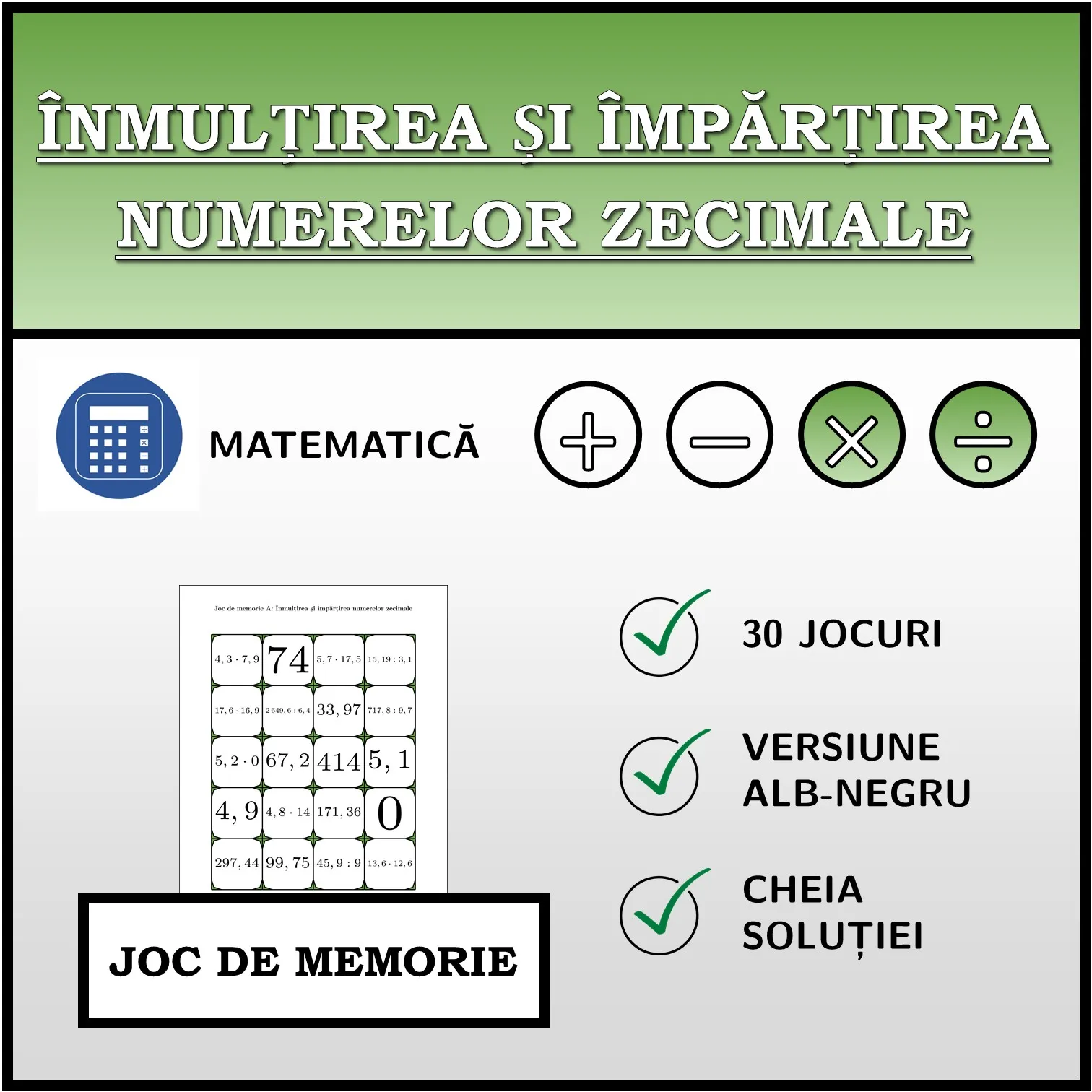 Joc de memorie: Înmulțirea și împărțirea numerelor zecimale