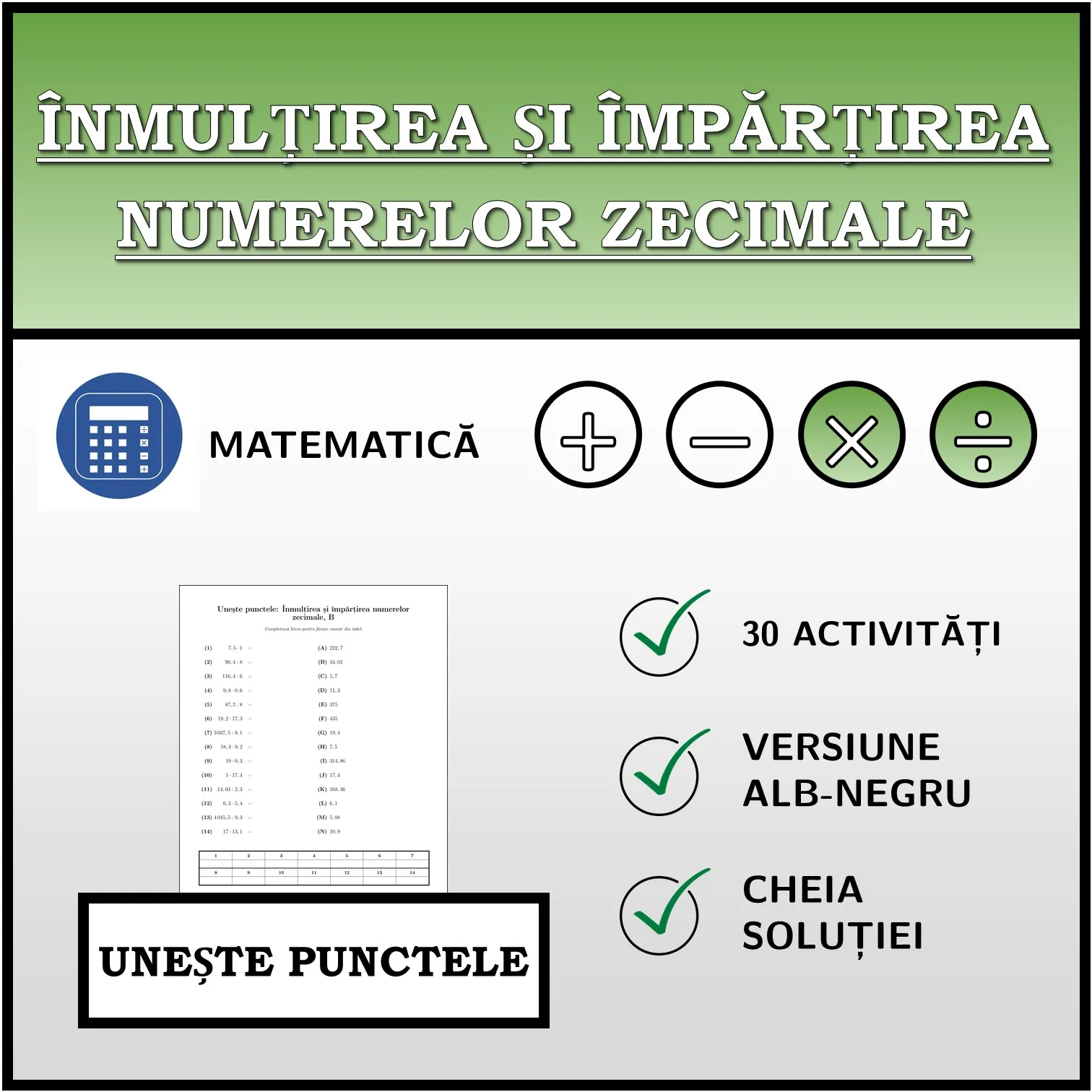 Exercițiu de asociere: Înmulțirea și împărțirea numerelor zecimale