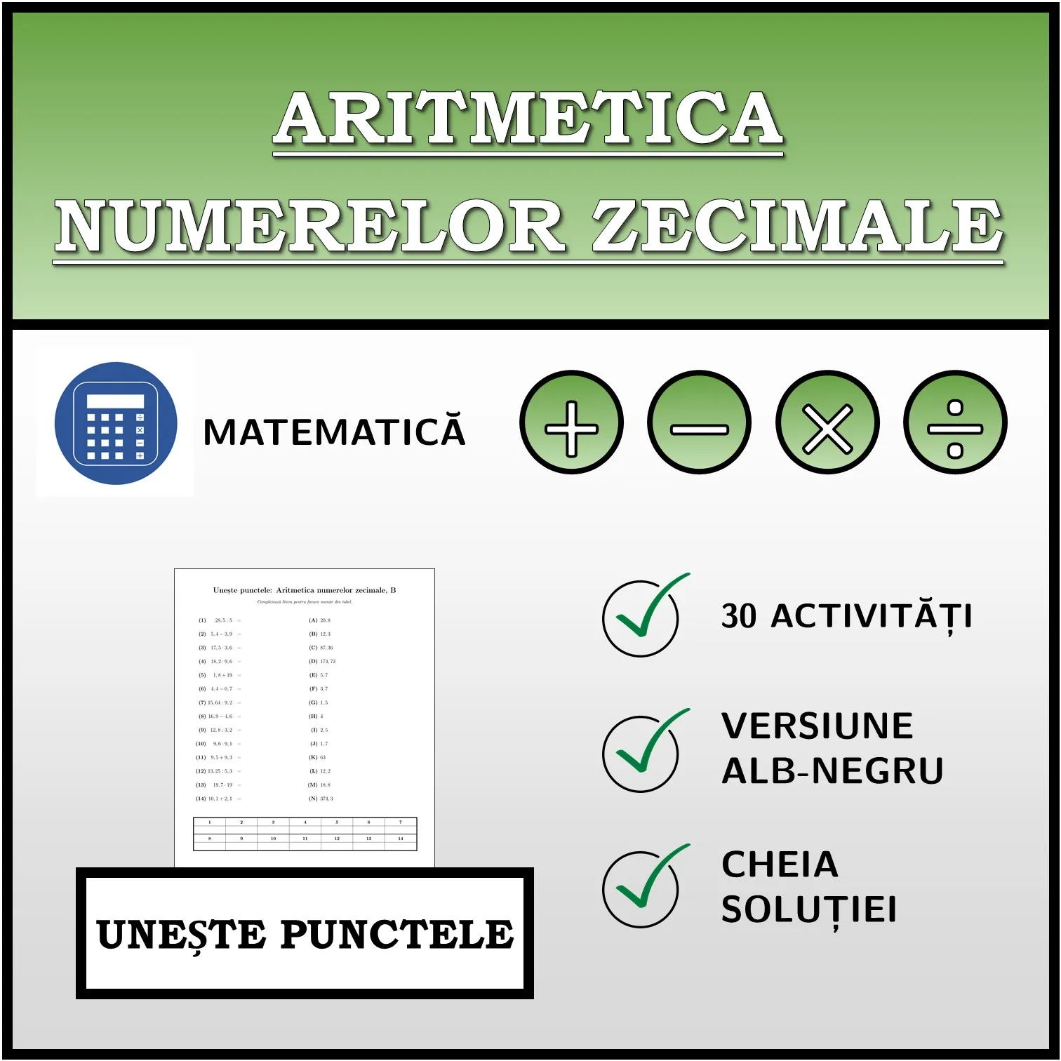 Exercițiu de asociere: Aritmetica numerelor zecimale