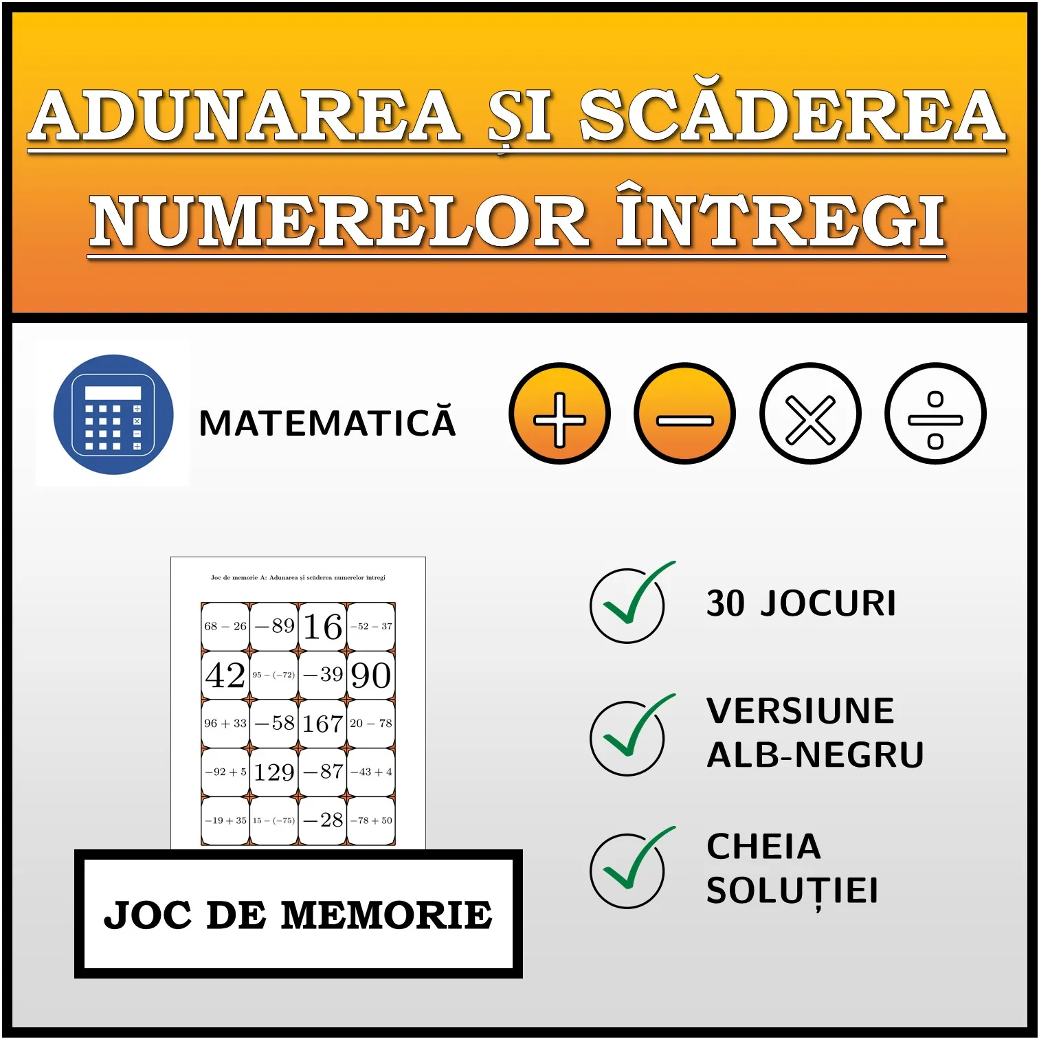 Joc de memorie: Adunarea și scăderea numerelor întregi