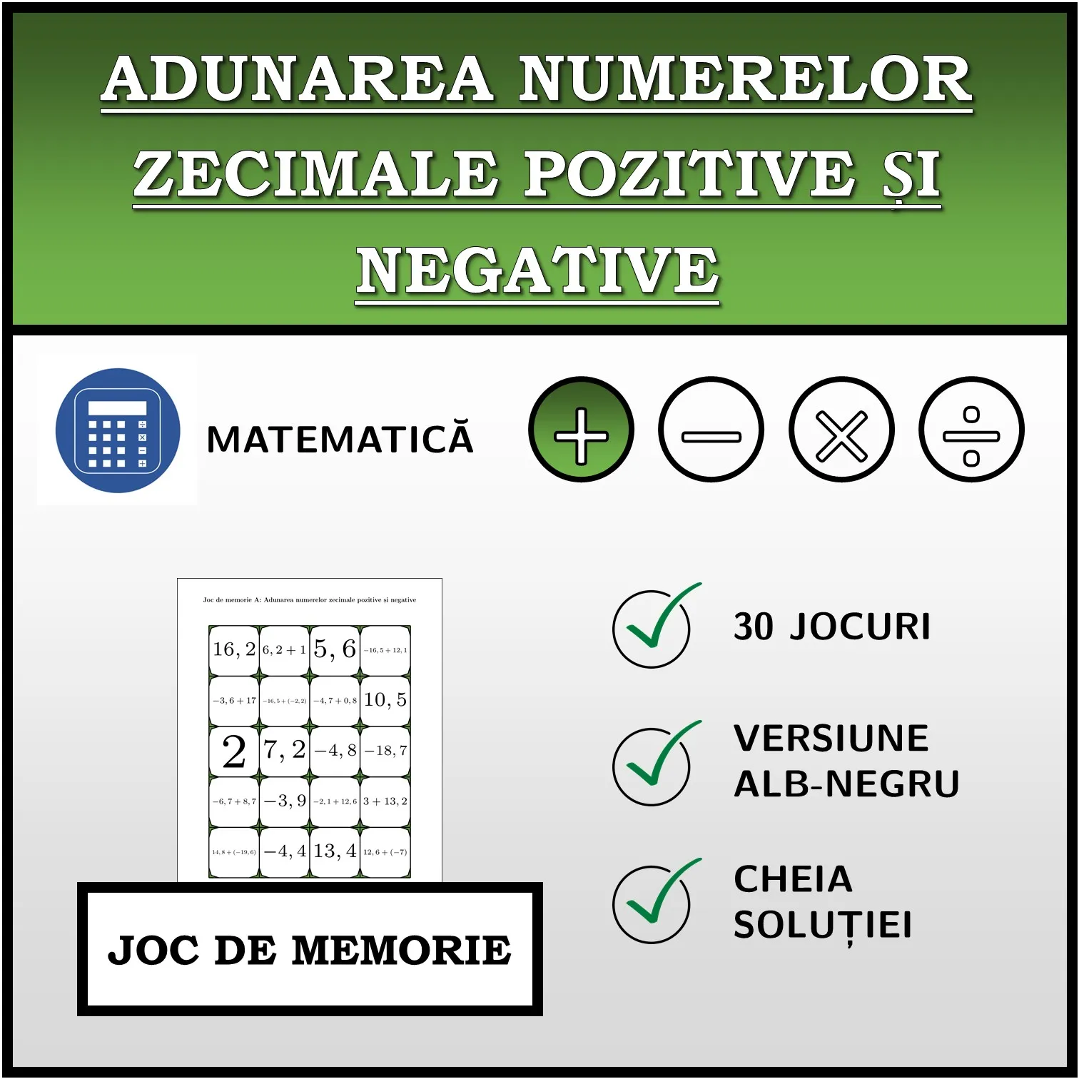 Joc de memorie: Adunarea numerelor zecimale pozitive și negative