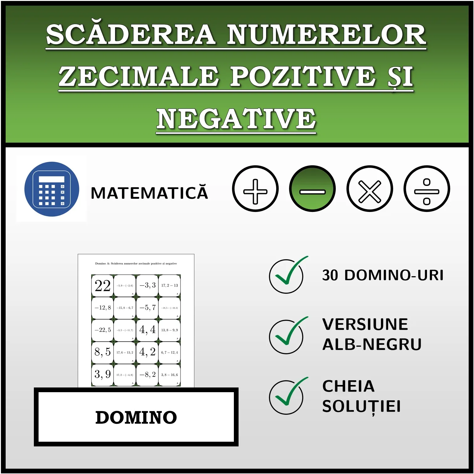 Domino: Scăderea numerelor zecimale pozitive și negative