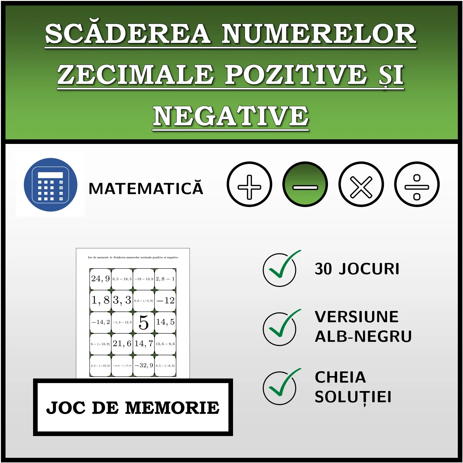 Joc de memorie: Scăderea numerelor zecimale pozitive și negative