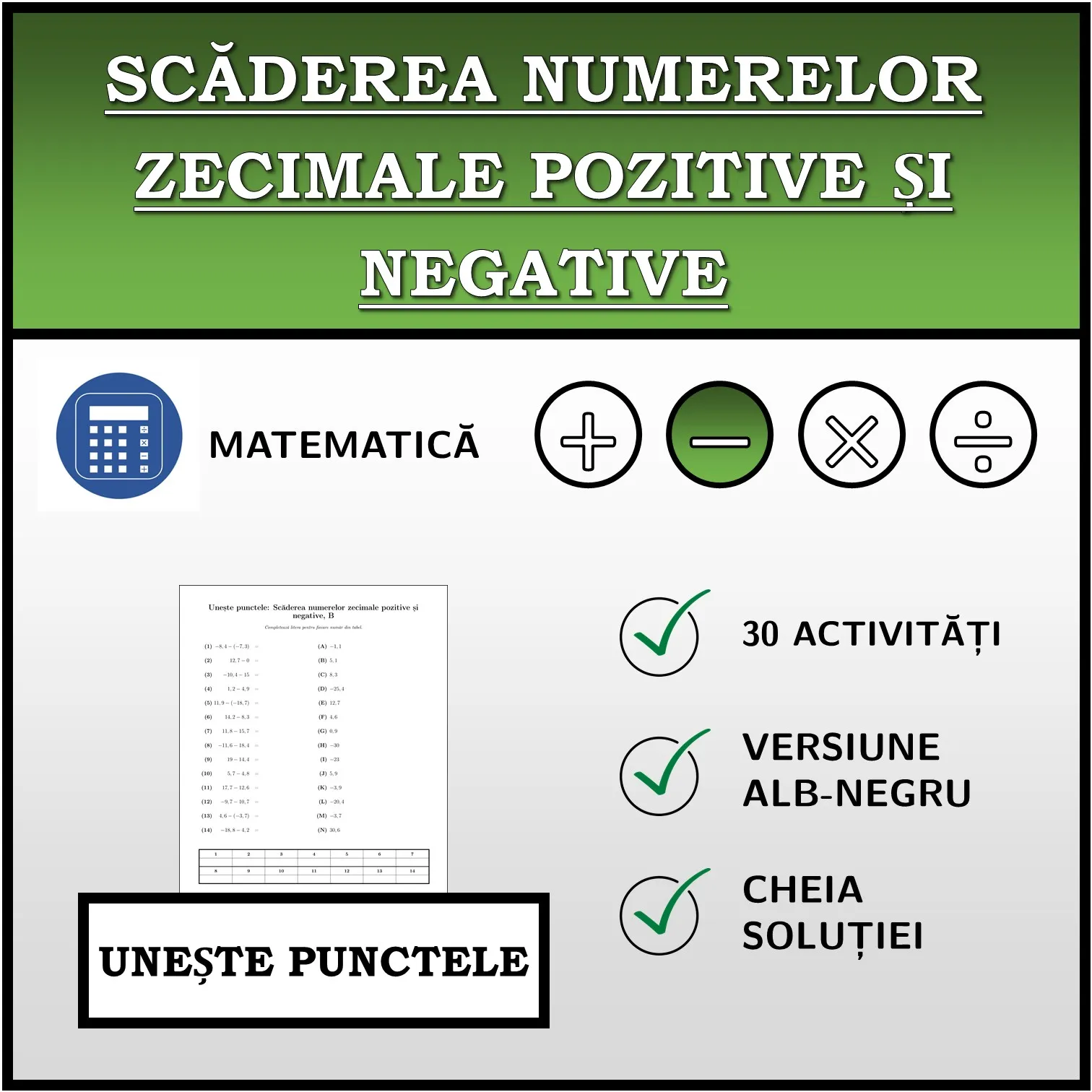 Exercițiu de asociere: Scăderea numerelor zecimale pozitive și negative