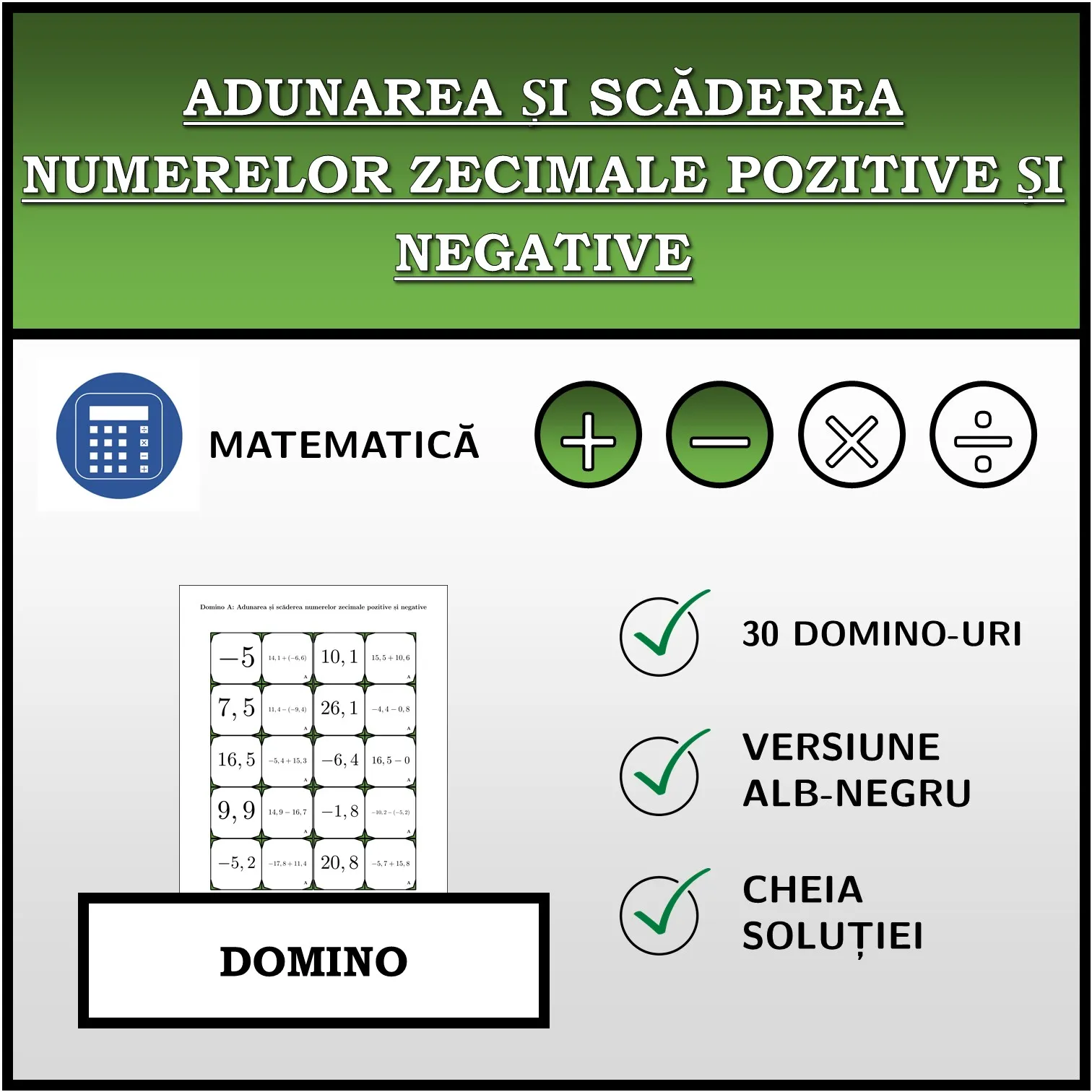 Domino: Adunarea și scăderea numerelor zecimale pozitive și negative