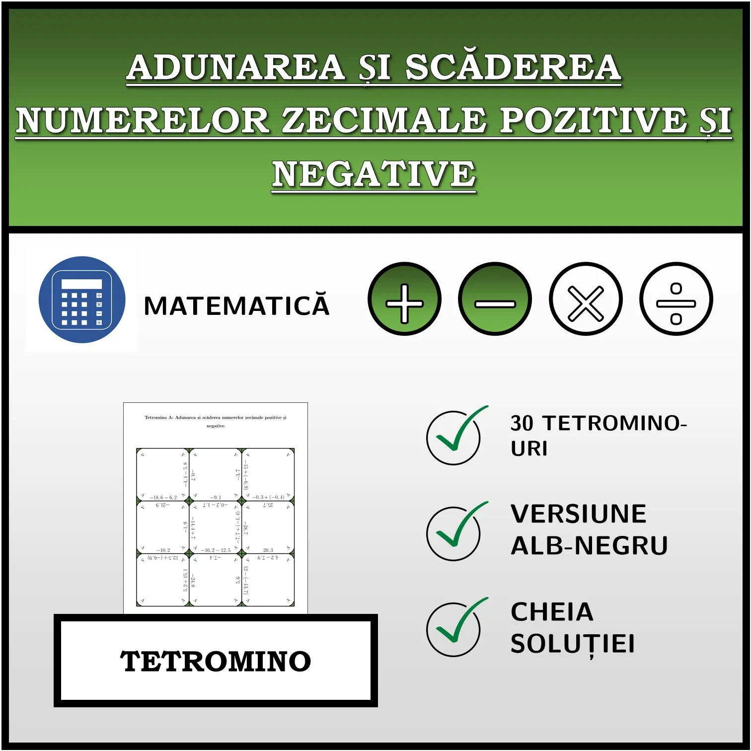 Tetromino: Adunarea și scăderea numerelor zecimale pozitive și negative