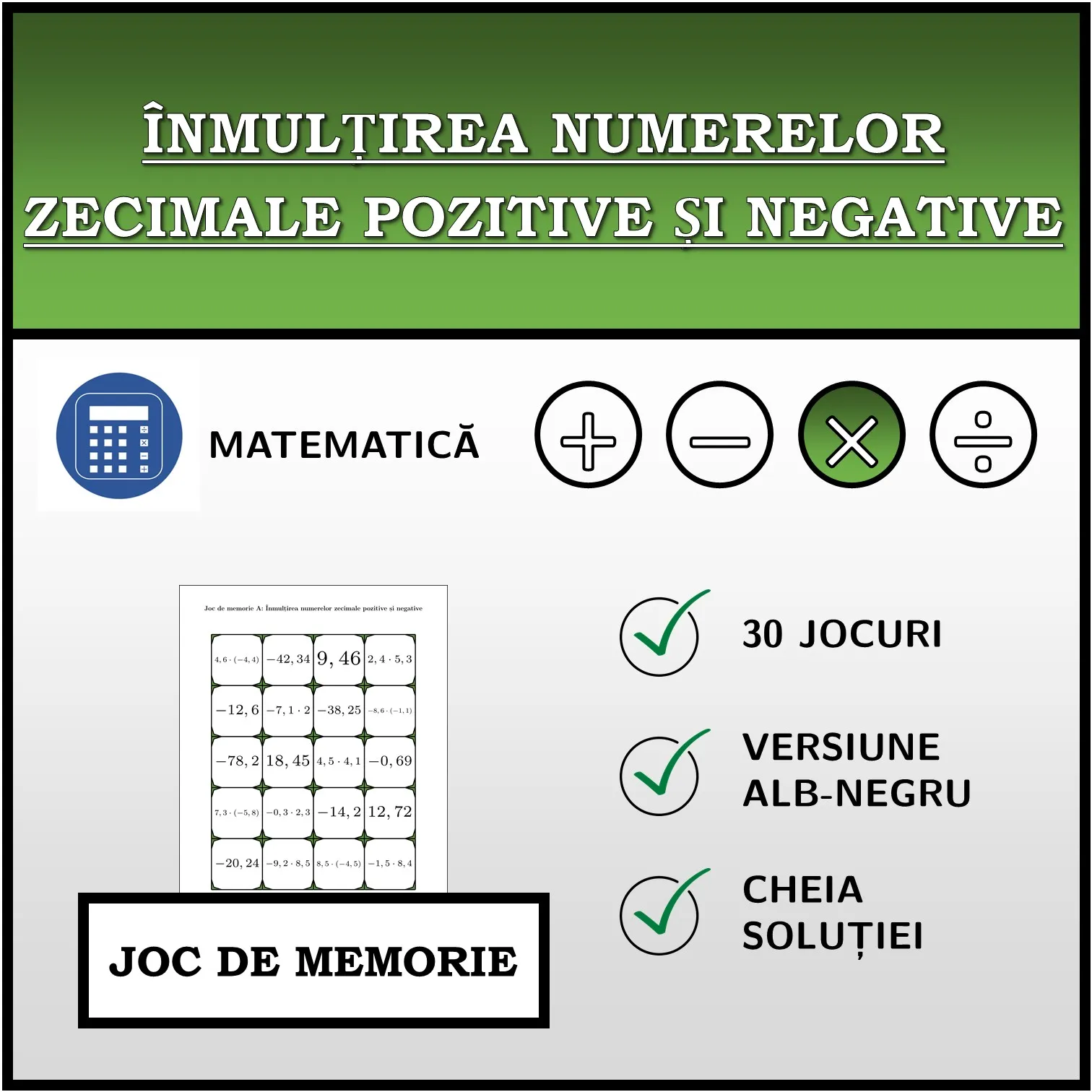 Joc de memorie: Înmulțirea numerelor zecimale pozitive și negative