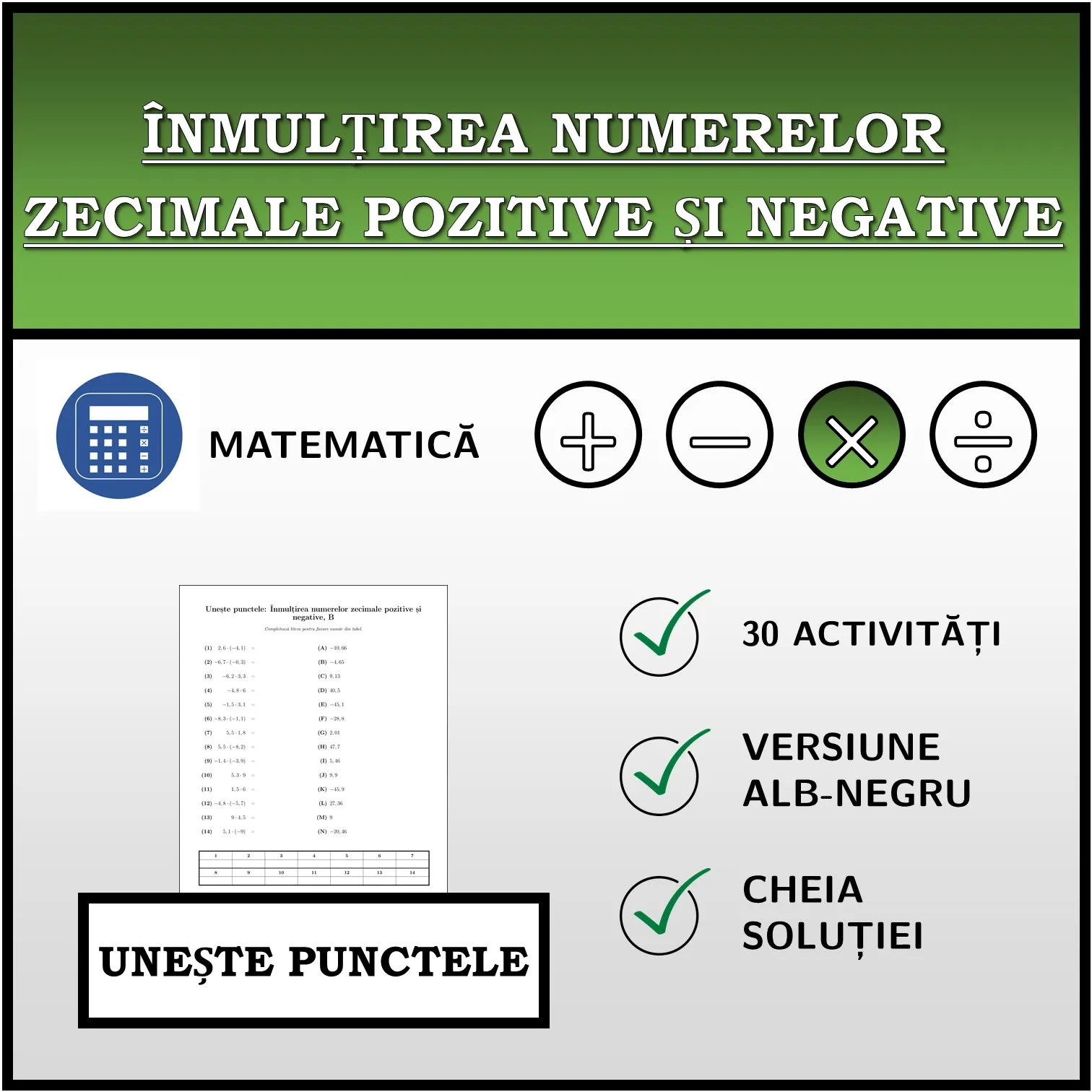 Exercițiu de asociere: Înmulțirea numerelor zecimale pozitive și negative