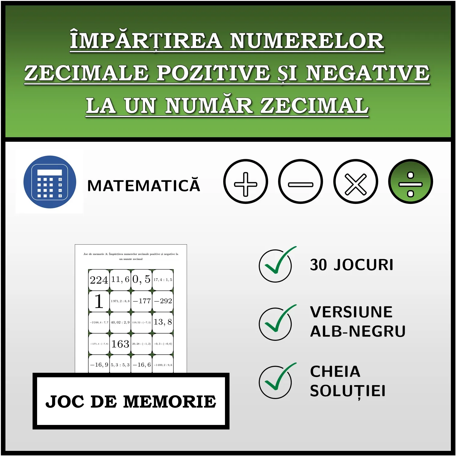 Joc de memorie: Împărțirea numerelor zecimale pozitive și negative la un număr zecimal