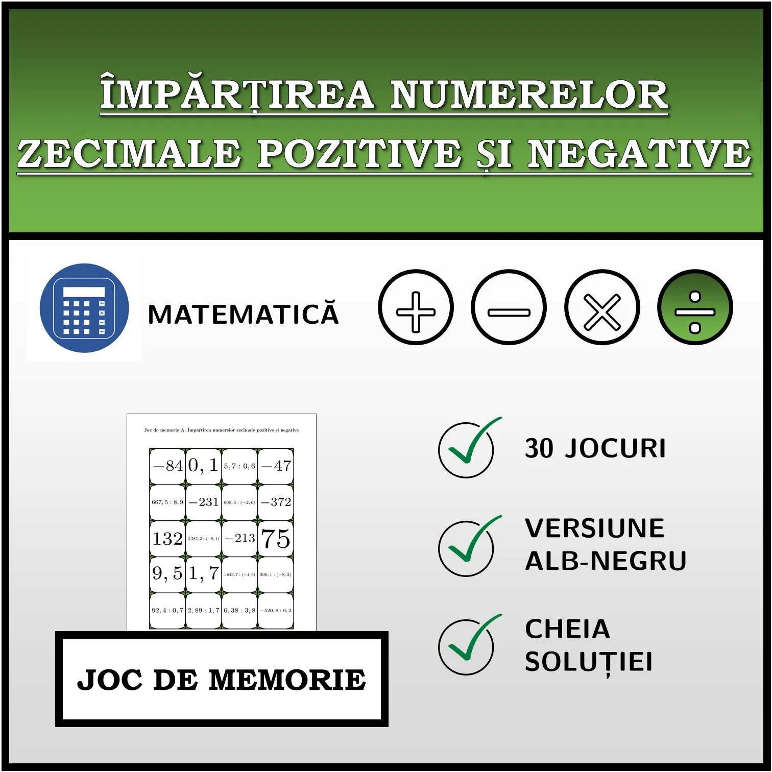 Joc de memorie: Împărțirea numerelor zecimale pozitive și negative