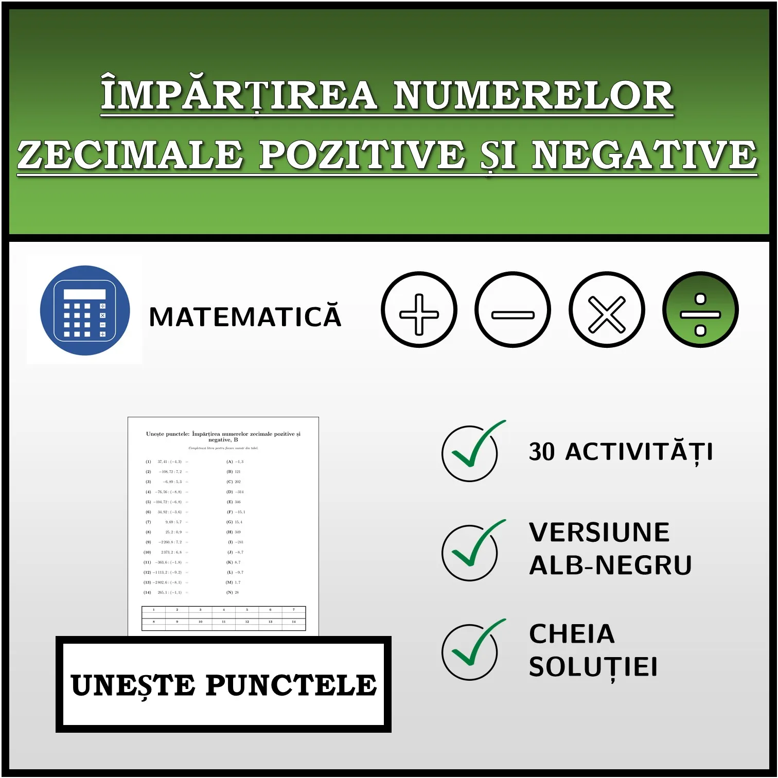 Exercițiu de asociere: Împărțirea numerelor zecimale pozitive și negative