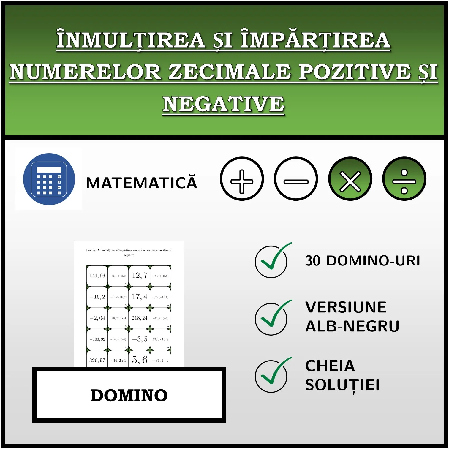 Domino: Înmulțirea și împărțirea numerelor zecimale pozitive și negative