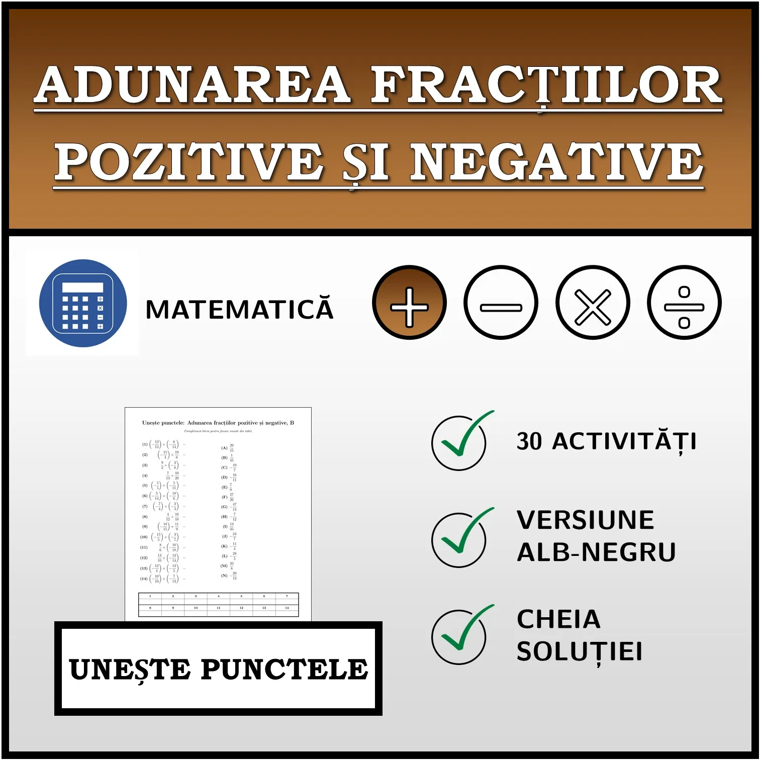 Exercițiu de asociere: Adunarea fracțiilor pozitive și negative