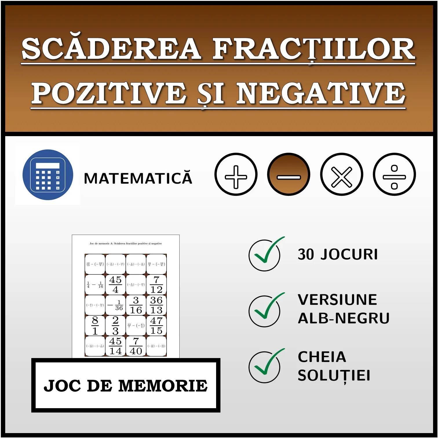 Joc de memorie: Scăderea fracțiilor pozitive și negative