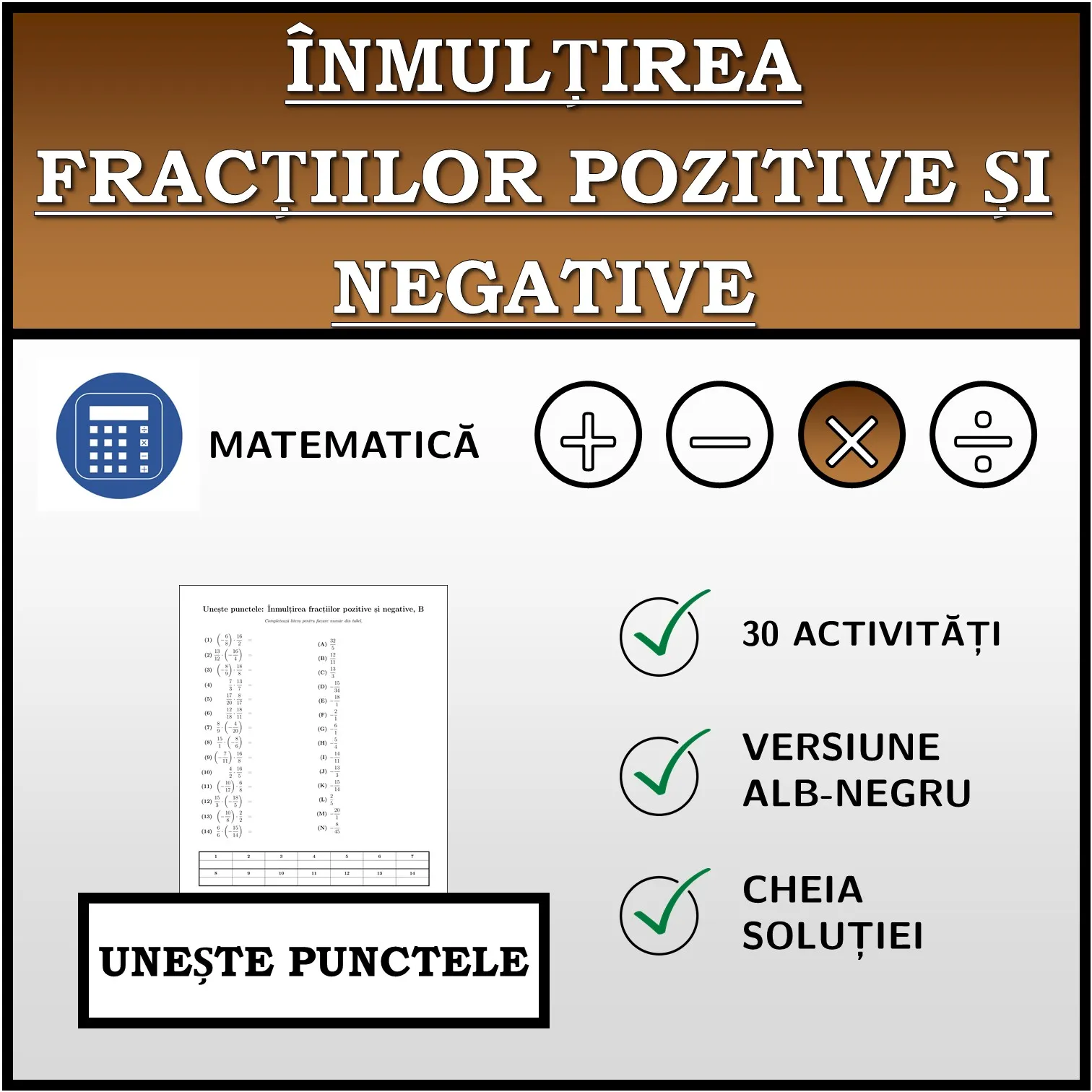 Exercițiu de asociere: Înmulțirea fracțiilor pozitive și negative