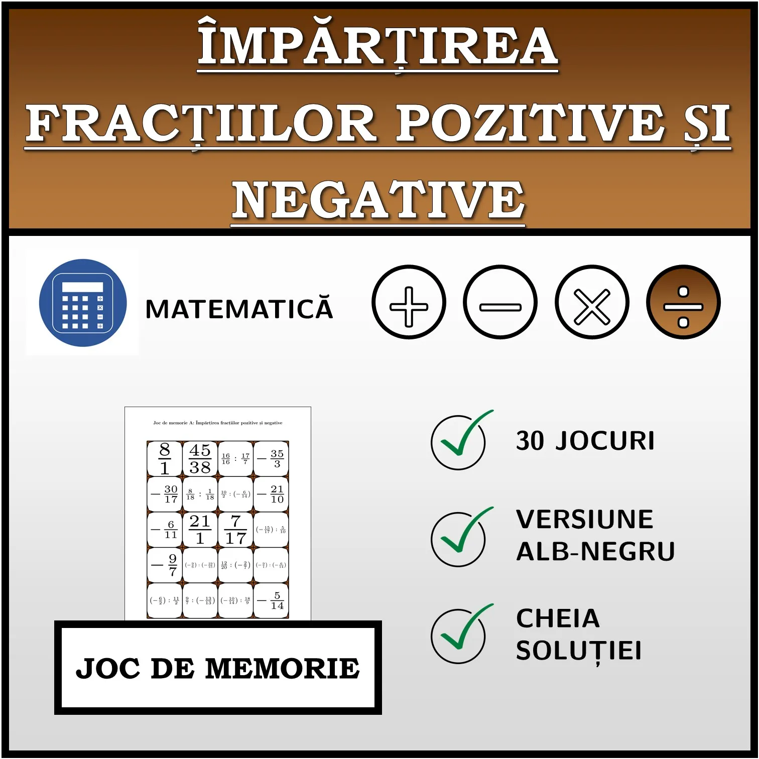 Joc de memorie: Împărțirea fracțiilor pozitive și negative
