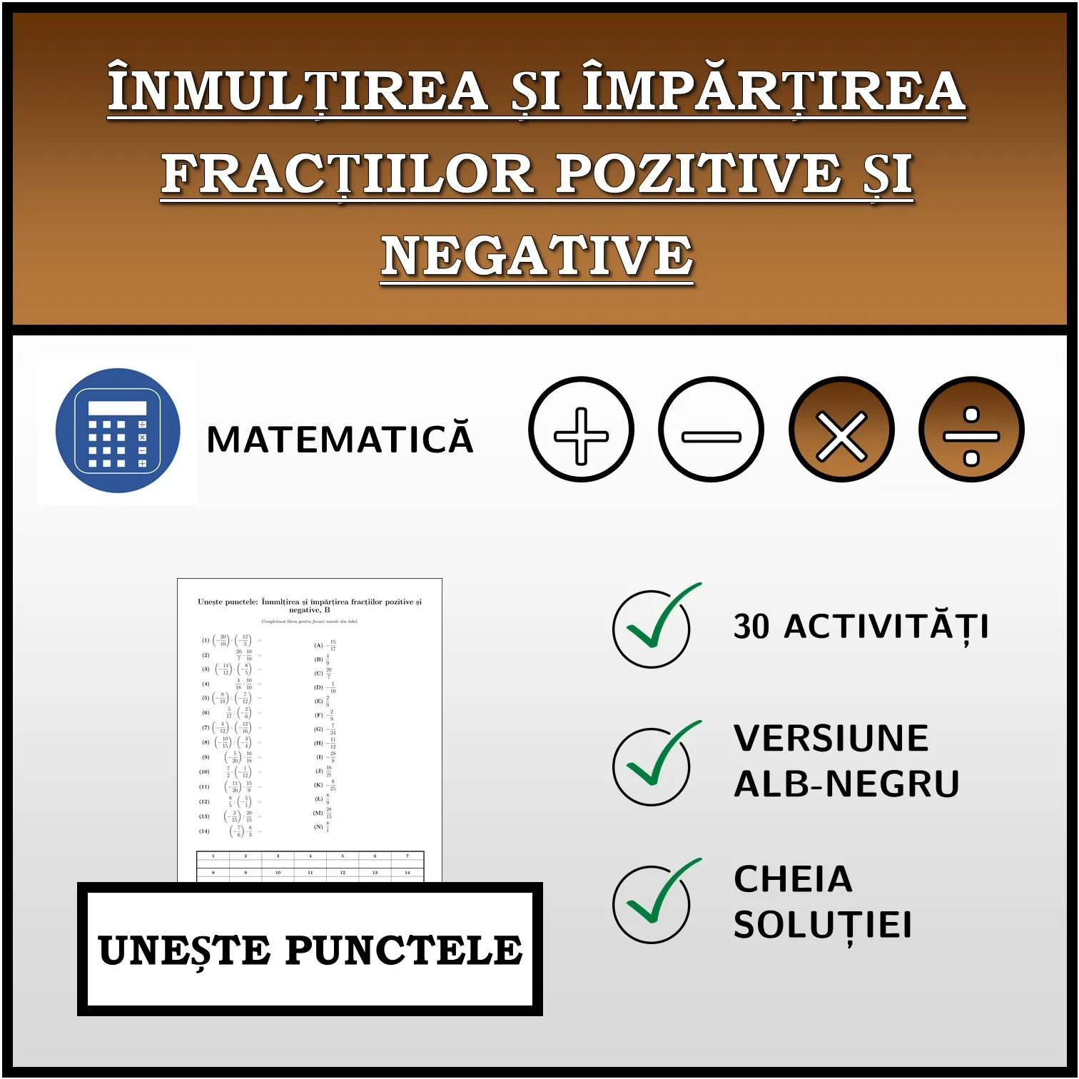 Exercițiu de asociere: Înmulțirea și împărțirea fracțiilor pozitive și negative