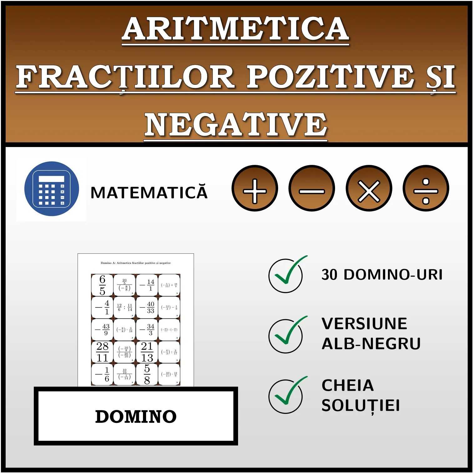 Domino: Aritmetica fracțiilor pozitive și negative