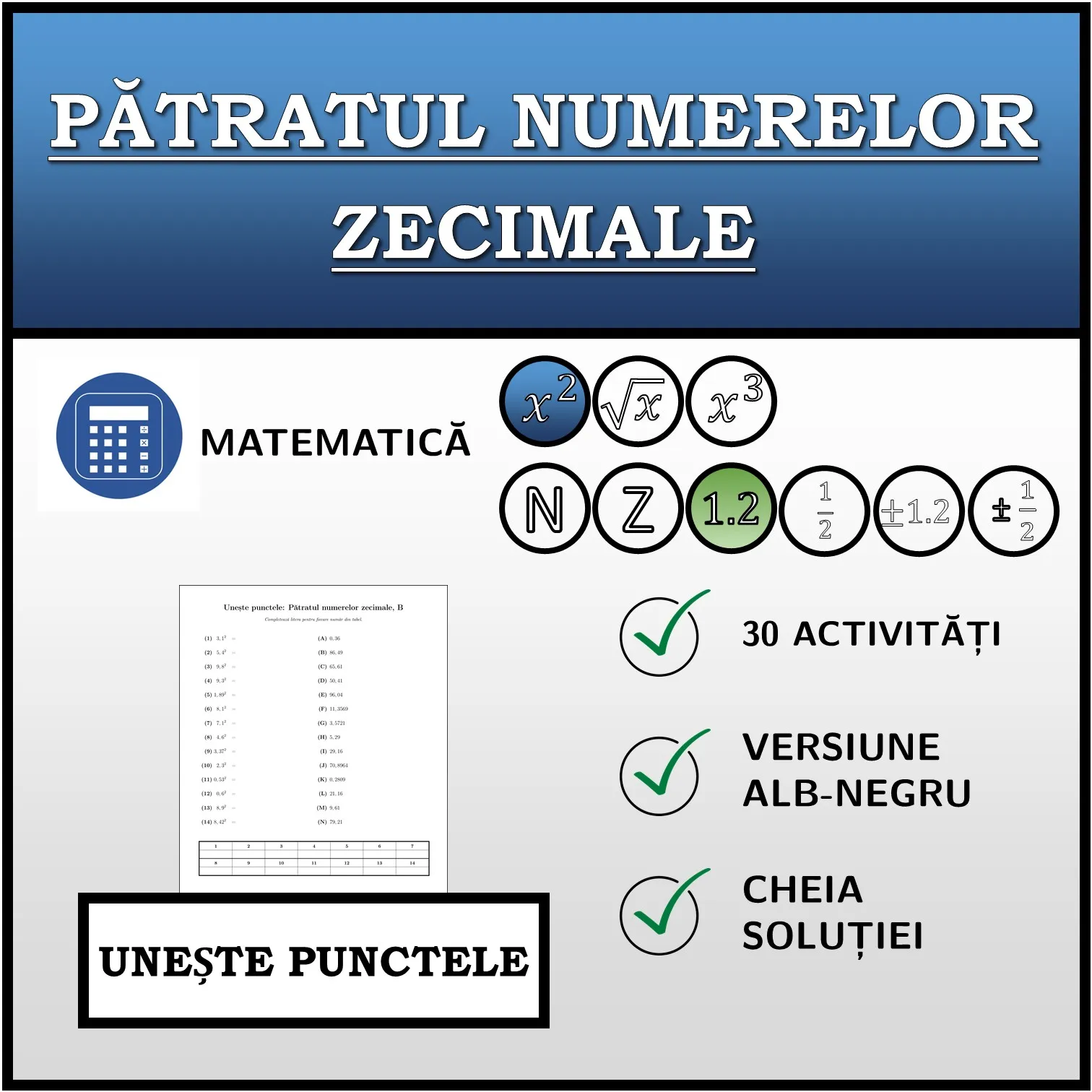 Exercițiu de asociere: Pătratul numerelor zecimale