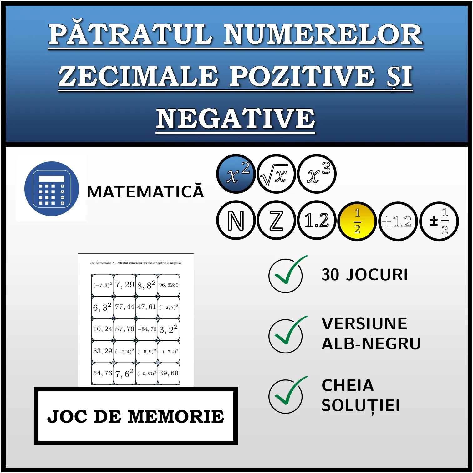 Joc de memorie: Pătratul numerelor zecimale pozitive și negative
