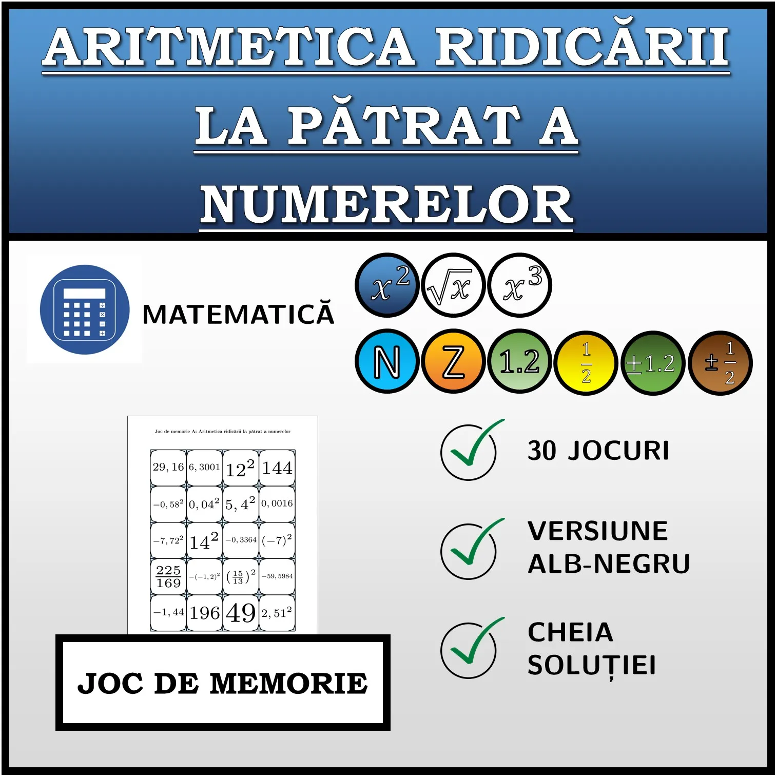 Joc de memorie: Aritmetica ridicării la pătrat a numerelor