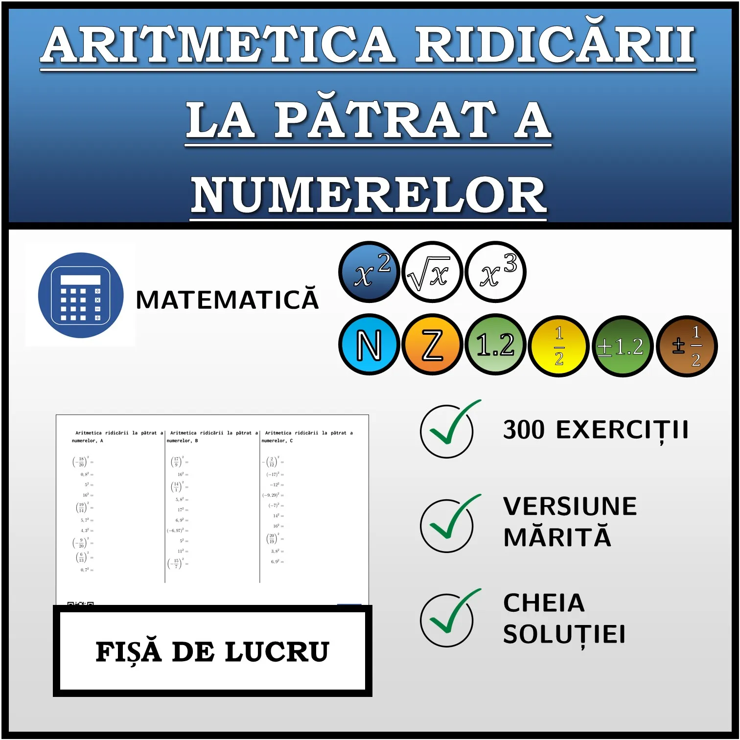 Fișă de lucru: Aritmetica ridicării la pătrat a numerelor