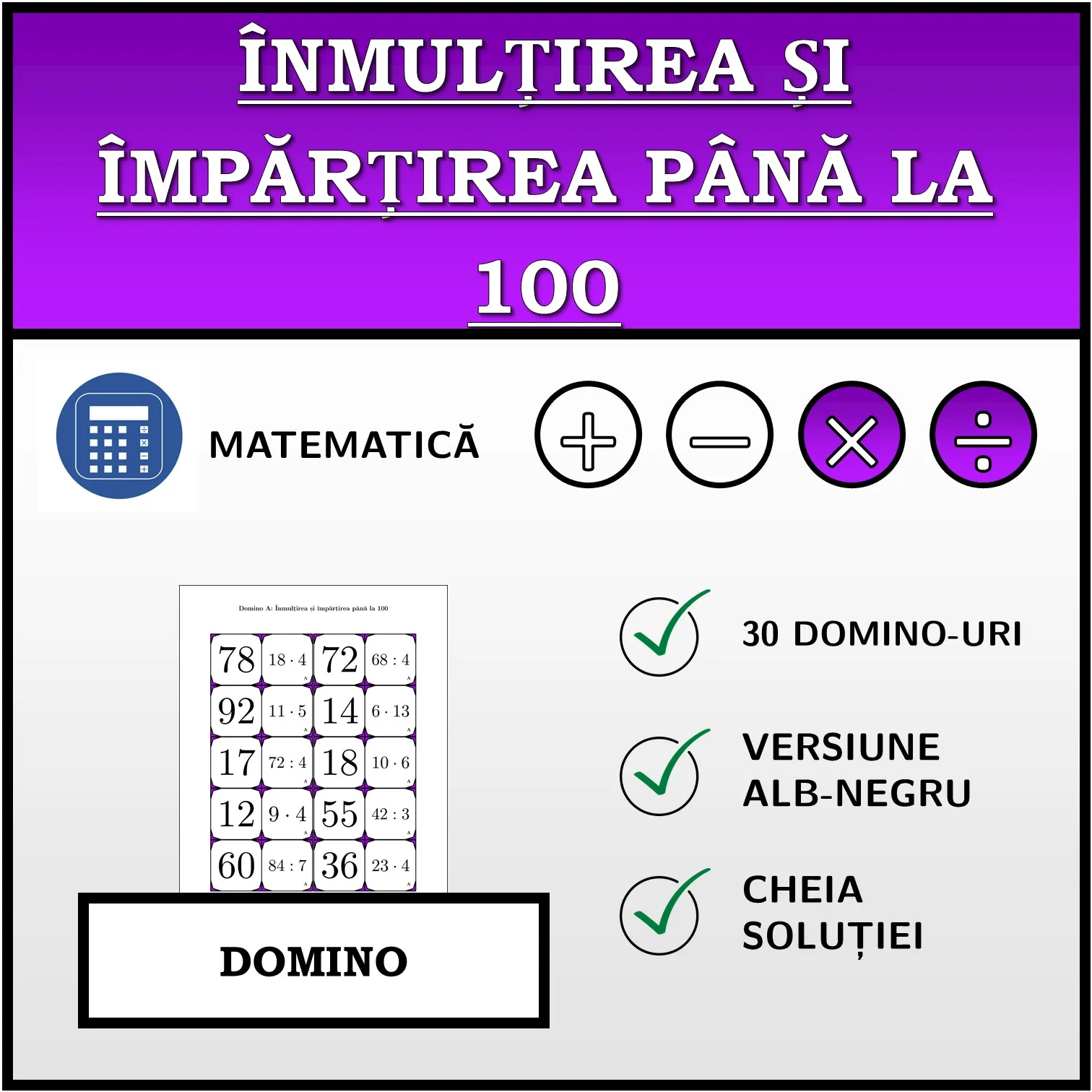 Domino: Înmulțirea și împărțirea până la 100
