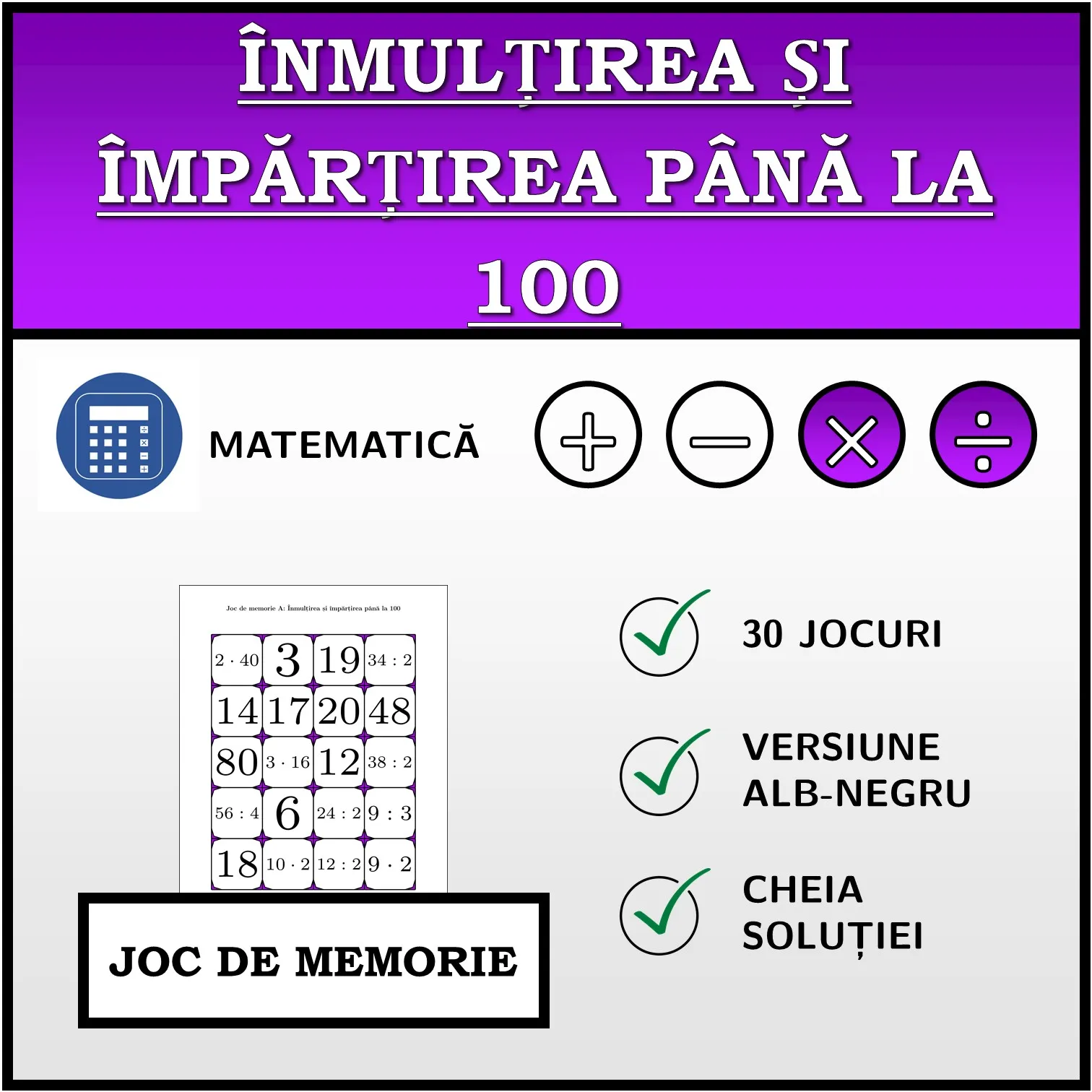 Joc de memorie: Înmulțirea și împărțirea până la 100